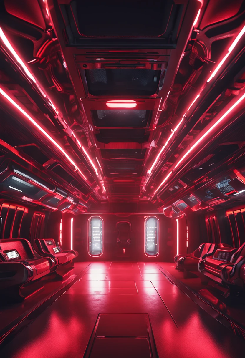 nave espacial vermelha com branco e preto, tecnologia futurista, glowing neon lighting, Realistic details and vivid textures.