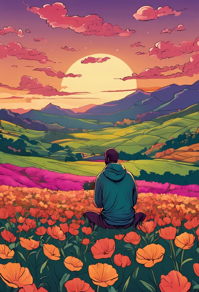 Homem aflito em uma montanha meditando . Melhor, master part, melhor qualidade, alta qualidade, extremamente detalhado, painting of a field of flowers with a sky background, fundo floral pintado, fundo floral sonhador, floral sonhador, cena de sonho --auto