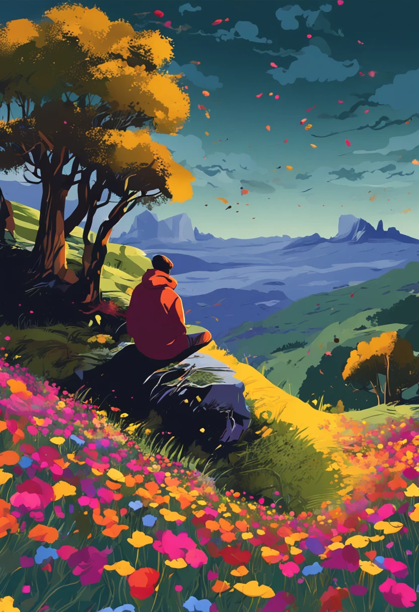 Homem aflito em uma montanha meditando . Melhor, master part, melhor qualidade, alta qualidade, extremamente detalhado, painting of a field of flowers with a sky background, fundo floral pintado, fundo floral sonhador, floral sonhador, cena de sonho --auto