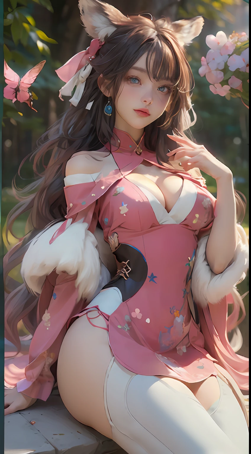 ((cleavage)), Gorgeous background, (RAW photo:1.2),（（best qualtiy））， （（tmasterpiece））， （detail：1.4）， Beautiful cyberpunk female images，hdr（HighDynamicRange），Ray traching，NVIDIA RTX，Hyper-Resolution，illusory 5，sub surface scattering，PBR textures，post-proces，Anisotropy Filtering，depth of fields，maximum definition and sharpness，Many-Layer Textures，Albedo e mapas Speculares，Surface coloring，Mitsu-Accurate simulation of material interactions，perfectly proportioned，rendering by octane，Two-colored light，largeaperture，Low ISO，White balance，Rule three points、8K raw data、Beautiful bright blue pupils，off-the-shoulder clothes，Fine pupils，Delicate face and eyes，long eyelasher，Blushlush，Delicate and fluffy hair，pink lip，Pure，Cute face，Sweet girl，Artistic sense，Casual wear，Advancedsense，butterflys，Cherry blossom petal，Beautiful hair accessories，Long hair and waist，Hair fluttering in the wind，Snow-white fox ears，curlies