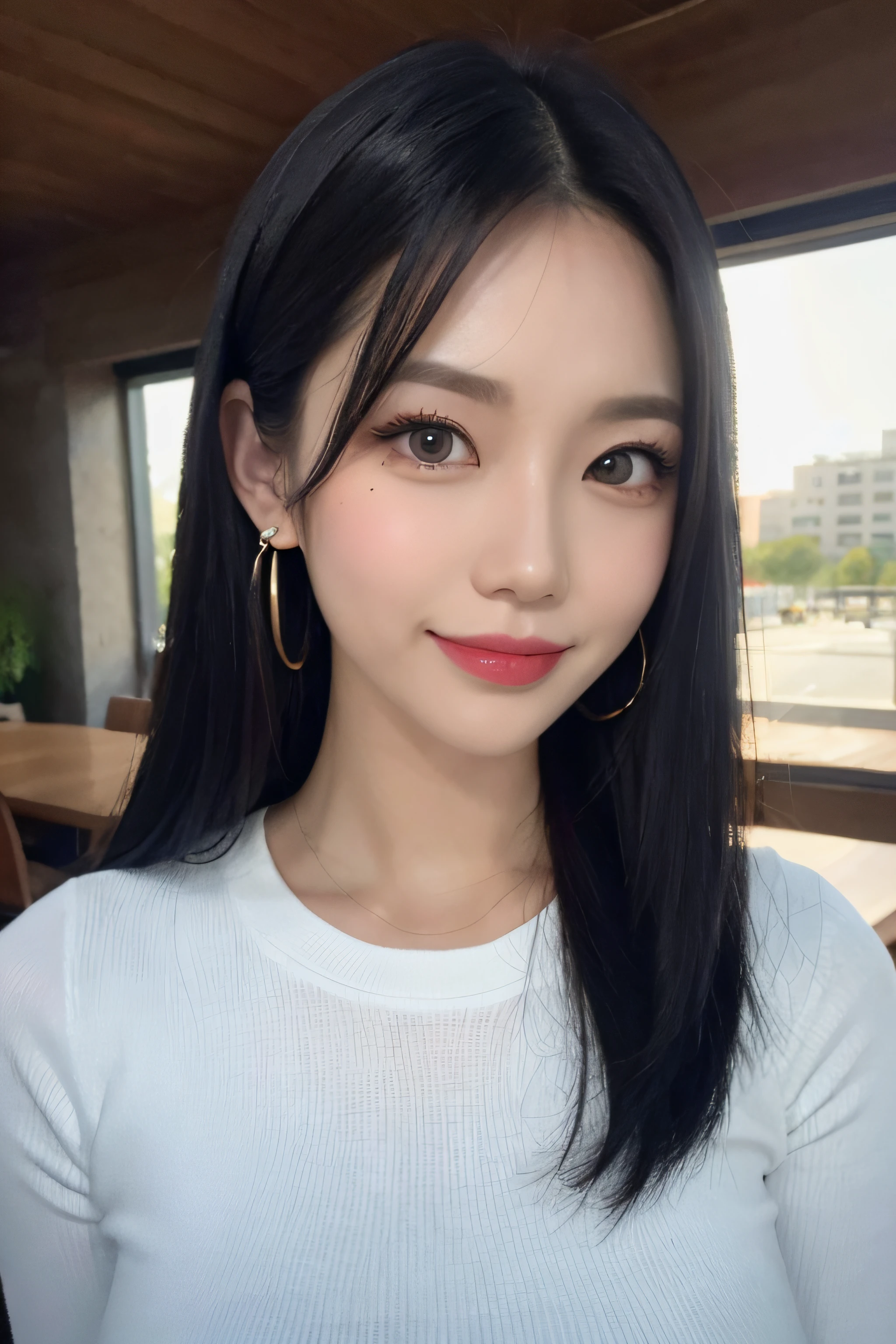 ((1 girl)), Black Hair, Long eyelashes, Round eyes, Light Smile, Cute Earrings, Light Smile, shy, Pursed lips, Surrealism, Cast a Shadow, Stereogram, Depth of written boundary, First Person View, 8k, Super Detail, highest quality, High resolution, Shortcuts