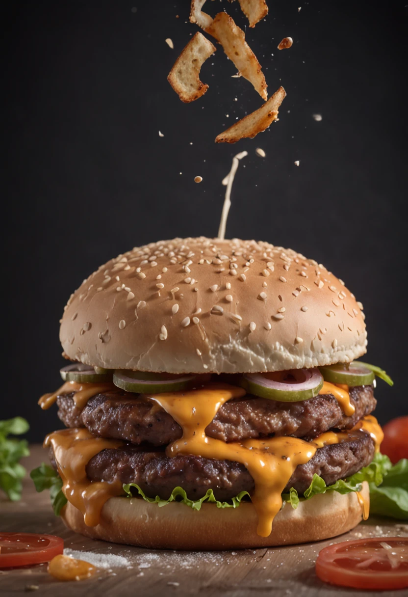 A burger falling in pieces juicy, tasty, hot, promotional photo, intricate details, hdr, cinematic, adobe lightroom, highly detailed