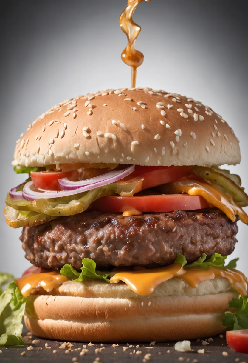 A burger falling in pieces juicy, tasty, hot, promotional photo, intricate details, hdr, cinematic, adobe lightroom, highly detailed