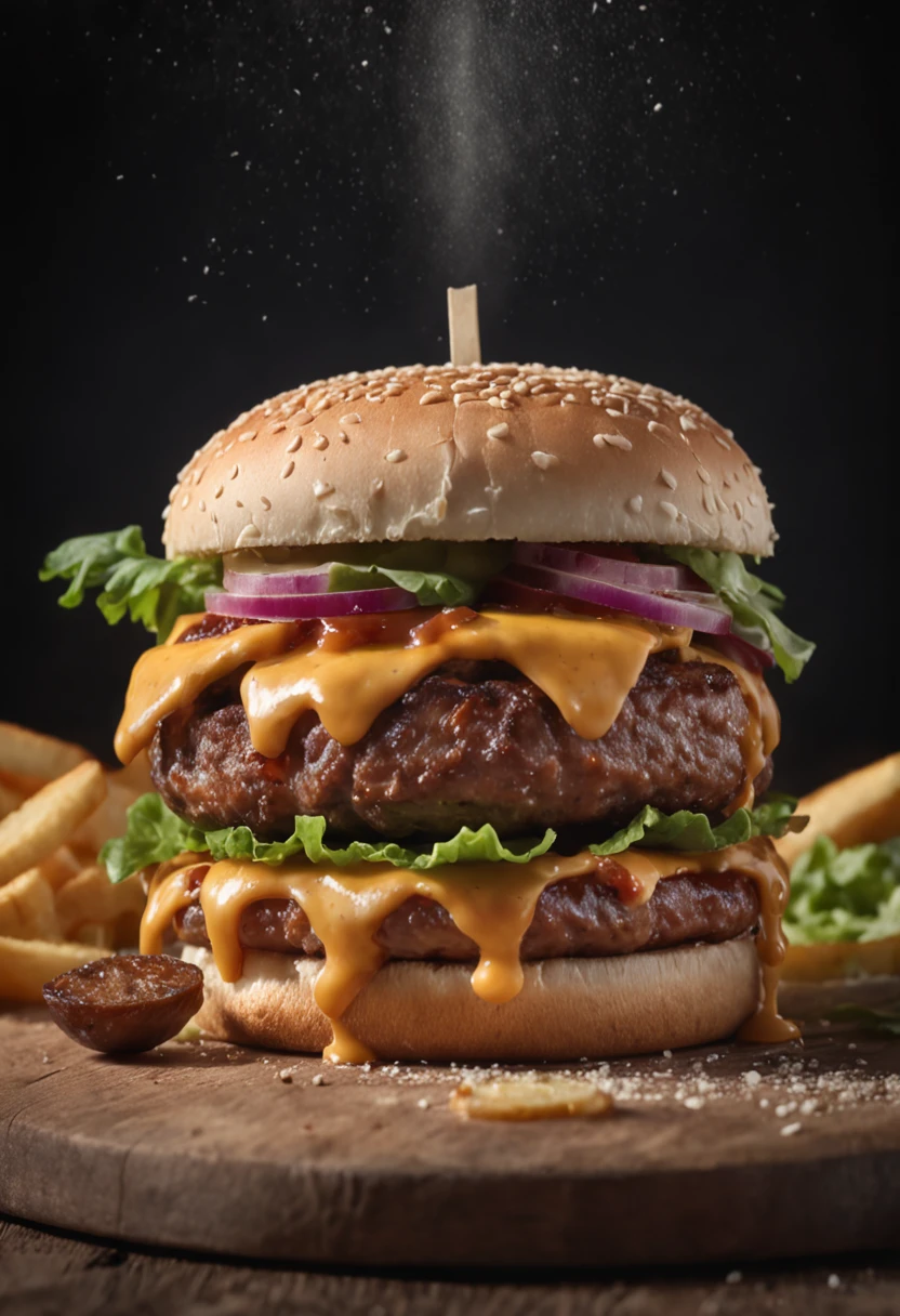 A burger falling in pieces juicy, tasty, hot, promotional photo, intricate details, hdr, cinematic, adobe lightroom, highly detailed