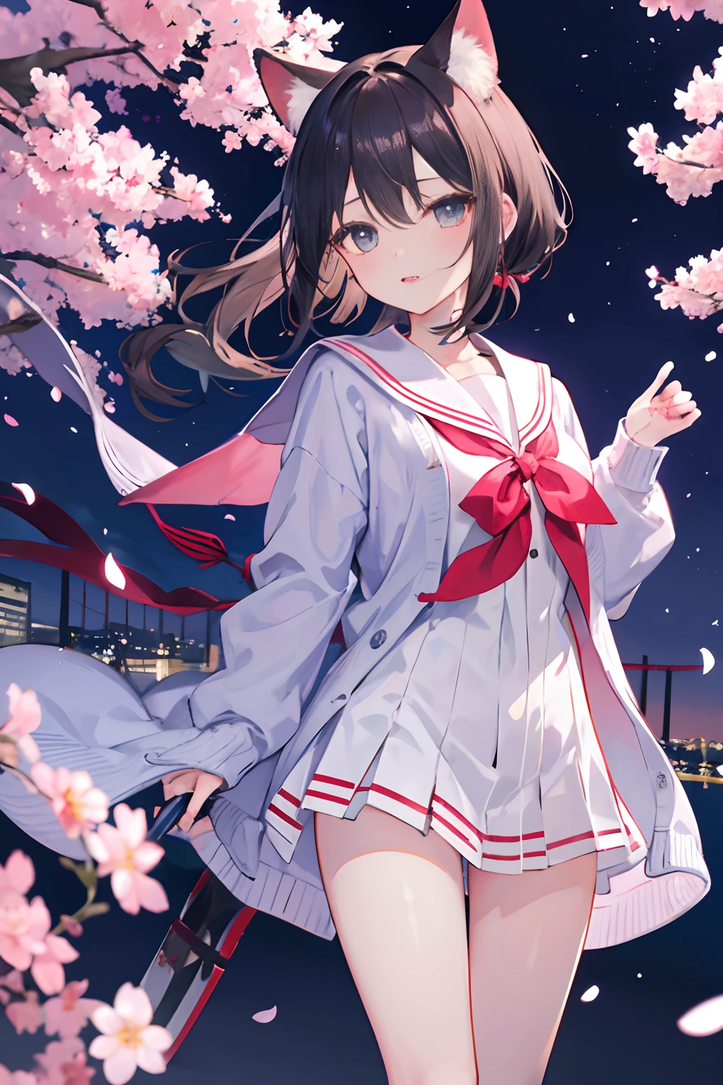 1girl in、nightcity、Sateen、a sailor suit、Half-take cardigan、A dark-haired、Holding a weapon with blood on it、Looking at the camera、Cherry blossoms are dancing、poneyTail、Niō Standing