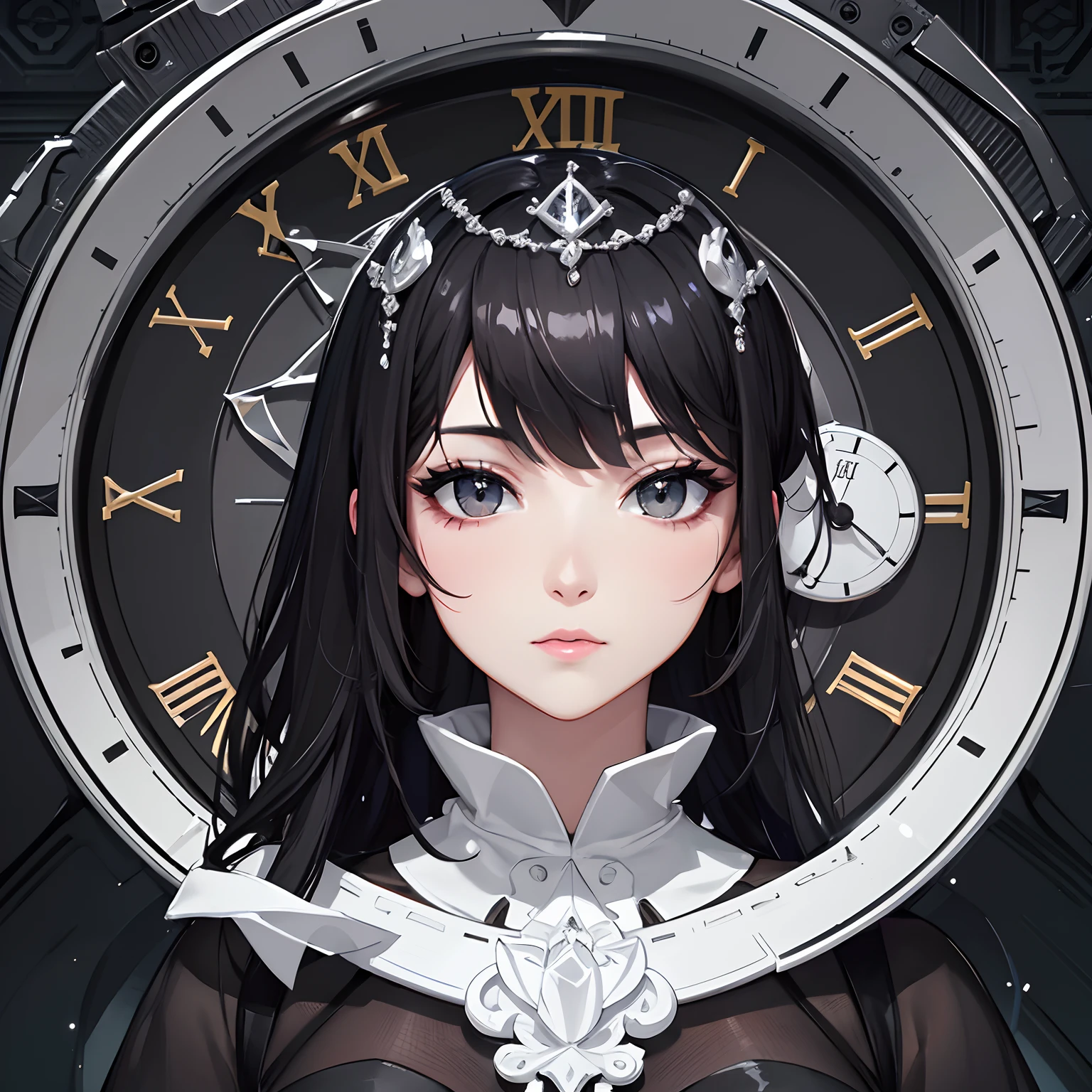 masterpiece、top-quality、hight resolution、High-quality images、8K、1womanl、detaileds、Detailed eye depiction、skin gloss、Lustrous black hair、Monochrome grayscale、Lisa、portlate、android、Built-in clock on the surface of the body、Partially titanium alloy body
