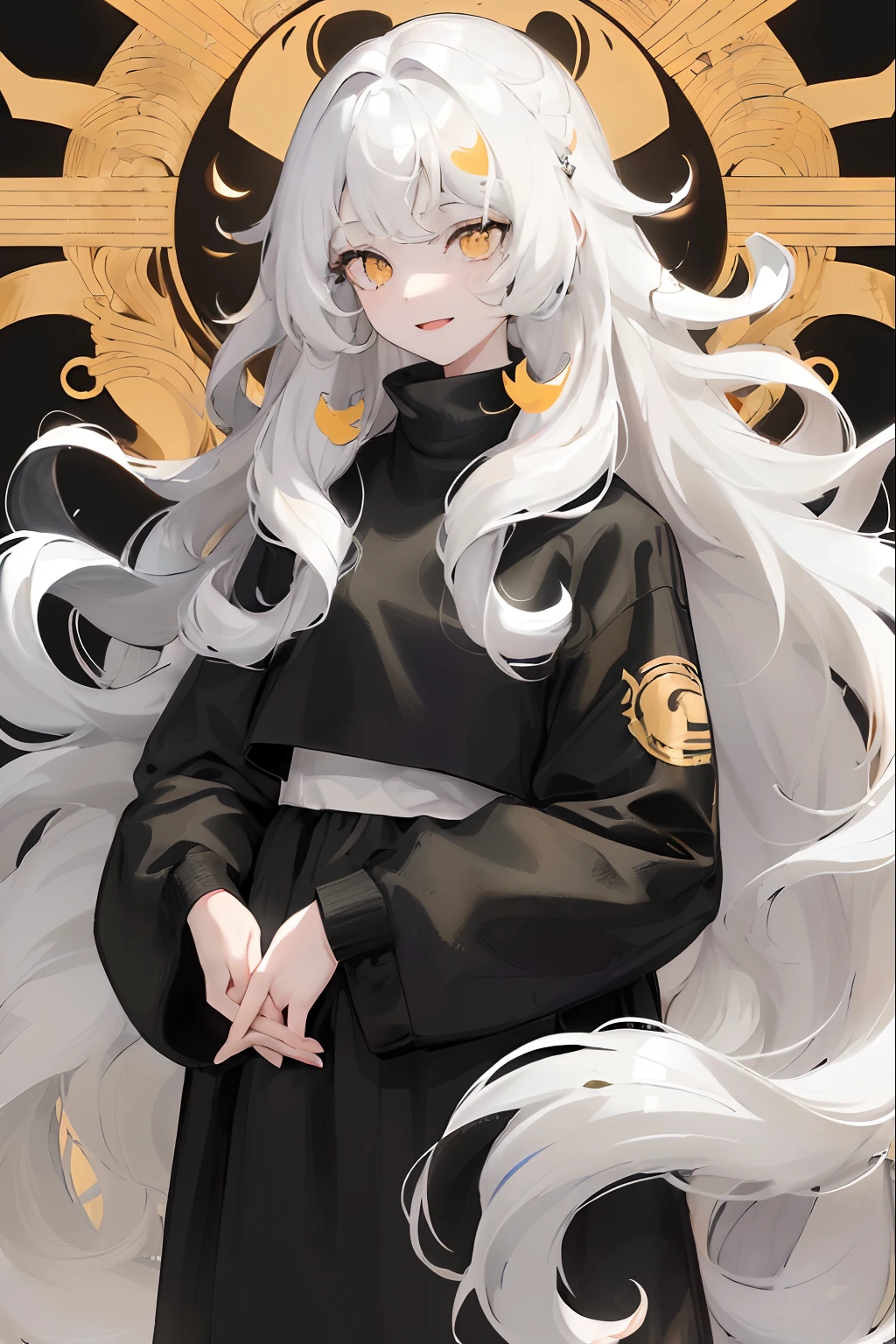 1woman, ((long wavy hair)), ((half of her hair is white and the other half of her hair is black split into two colors)), swept bangs, ((golden eyes)), smile, modern clothes