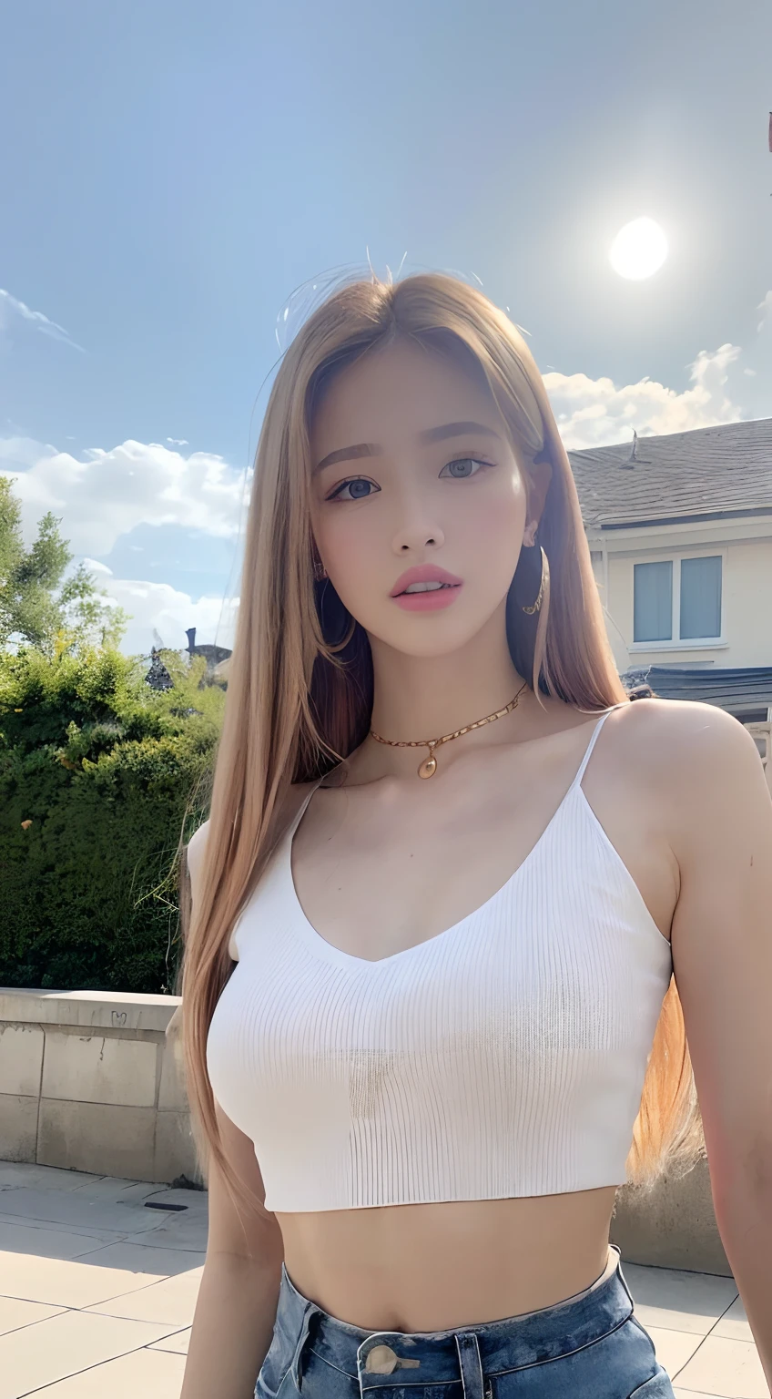 ((Realistic lighting、top-quality、8K、masterpiece:1.3))、Clear focus:1.2、1girl in、Perfect figure:1.4、Slim abs:1.1、(White crop top:1.4)、(outside of house、natta:1.1)、Street、Super fine face、Blackpink Rosé、Golden hair、Beautiful teeth、de pele branca、GOLD accessory、Rolex