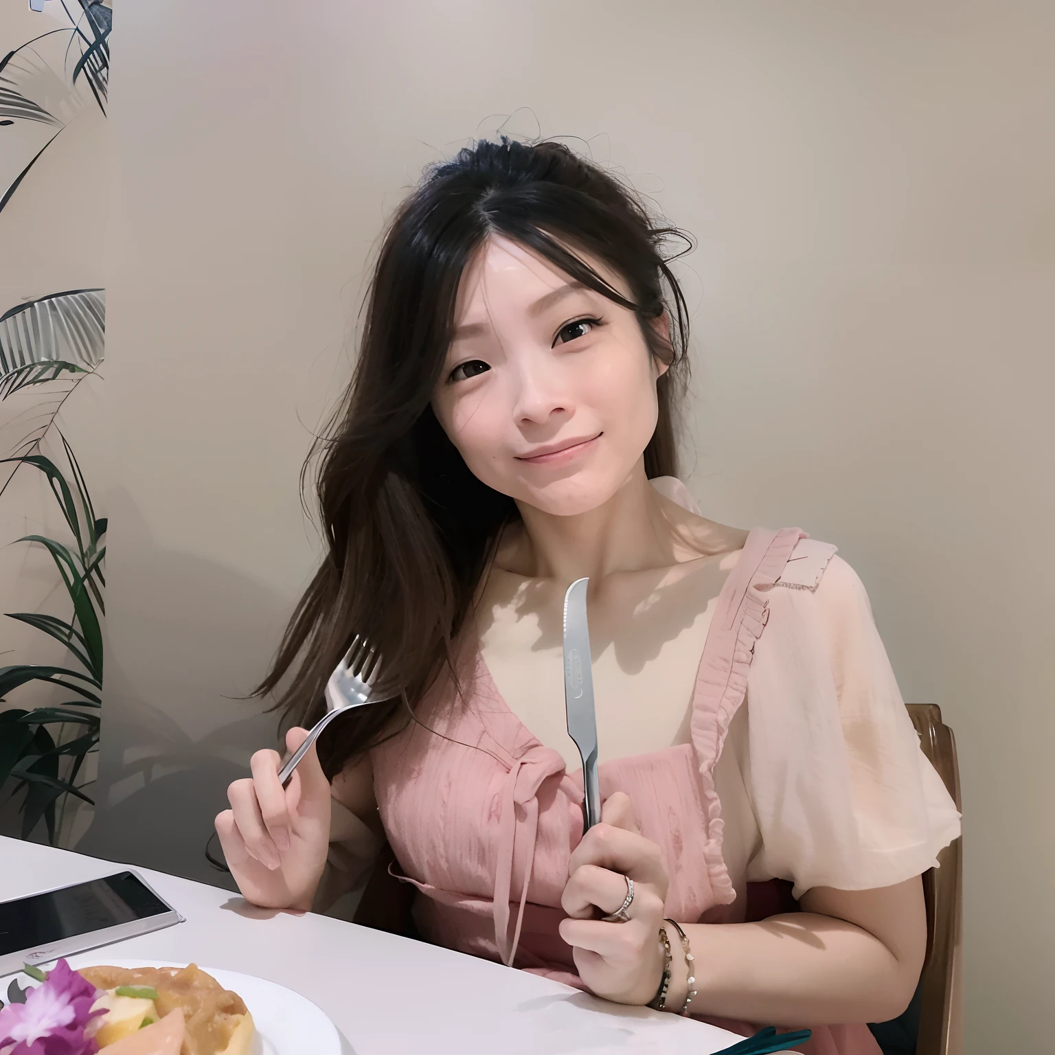 There was a woman sitting at a table with a fork and a knife, 19-year-old girl, xintong chen, wenfei ye, Chinese girl, Eating, she is about 2 0 years old, she is about 20 years old, 2 2 years old, mukbang, chengyou liu, she is about 2 5 years old, 21 years old