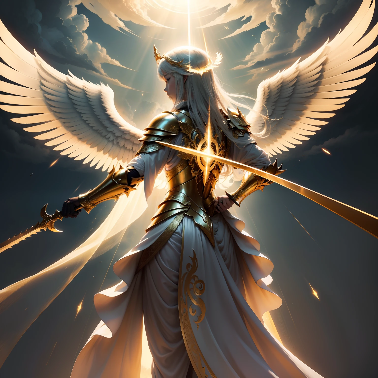Six-winged angel from another world,Holding the Sword of Light,Wearing armor,Auspicious clouds that emit golden light all around,Brilliant light and shadow,Music like the sound of nature,Sacred and solemn atmosphere。