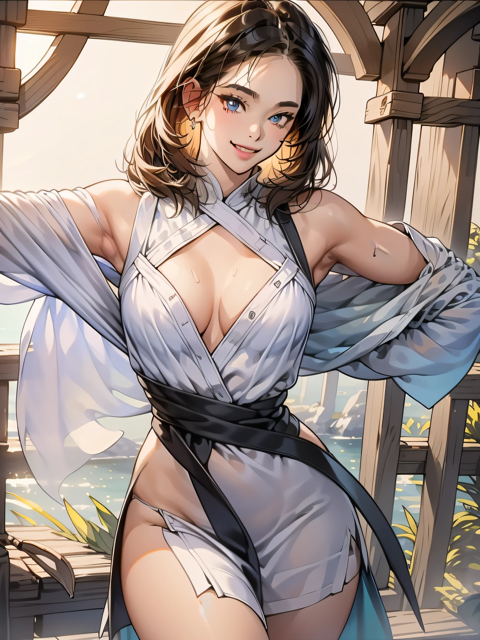 1womanl,41 years old,熟妇,plumw,Bigchest,big breasts thin waist,long legged,nice hand,Exposure, 独奏,(Background with:the woods,tropical rainforest,In summer,water on the ground,outside of house) ,stride,Sweat profusely,Drenched all over the body,Seen from the front,Golden curly hair , Mostly cloudy sky,(((tmasterpiece),(Very detailed CG Unity 8K wallpaper),best qualtiy,cinmatic lighting,细致Background with,beatiful detailed eyes,Bright pupils,(Very fine and beautiful),(Beautiful and detailed eyes description),ultra - detailed,tmasterpiece,)),face to the viewer,frontage,hight resolution,ultra - detailed)nakeness,Wipe off panties,Revealing breasts,Genital only, Bulge,Camel toes,Raised sexy,lewd expression,flushed complexion,bocchi,frontage,Woman(Wearing:cloaks,with no underpants)