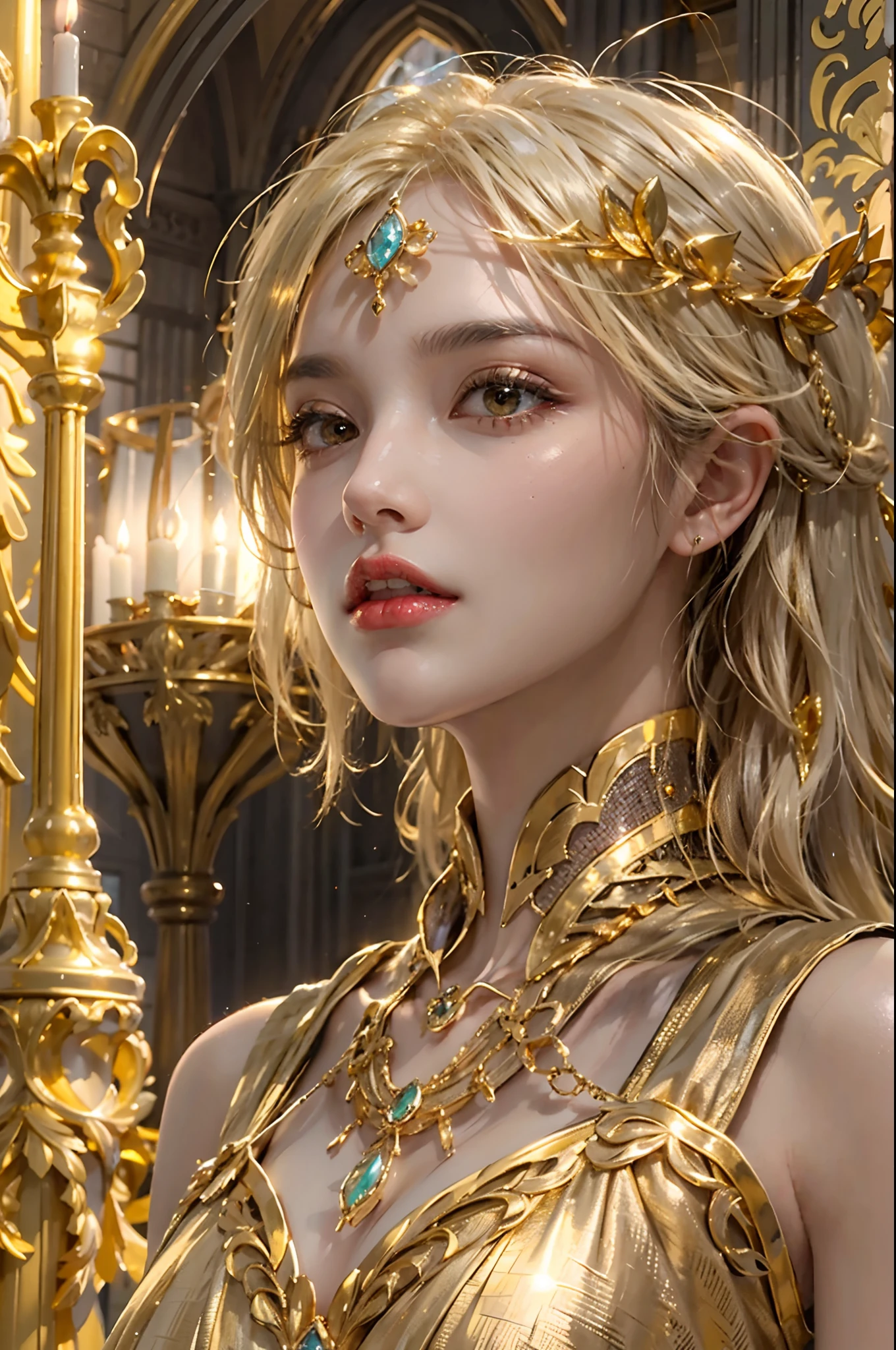 ultra detailed 8k cg,intricate detail,delicate patern,jewelry,gem,gold,golden,gold theme,shiny,glint,sparkle,blonde hair,yellow cloak,yellow eyes,rich,prestige,gothic architecture,(topless:1.1),