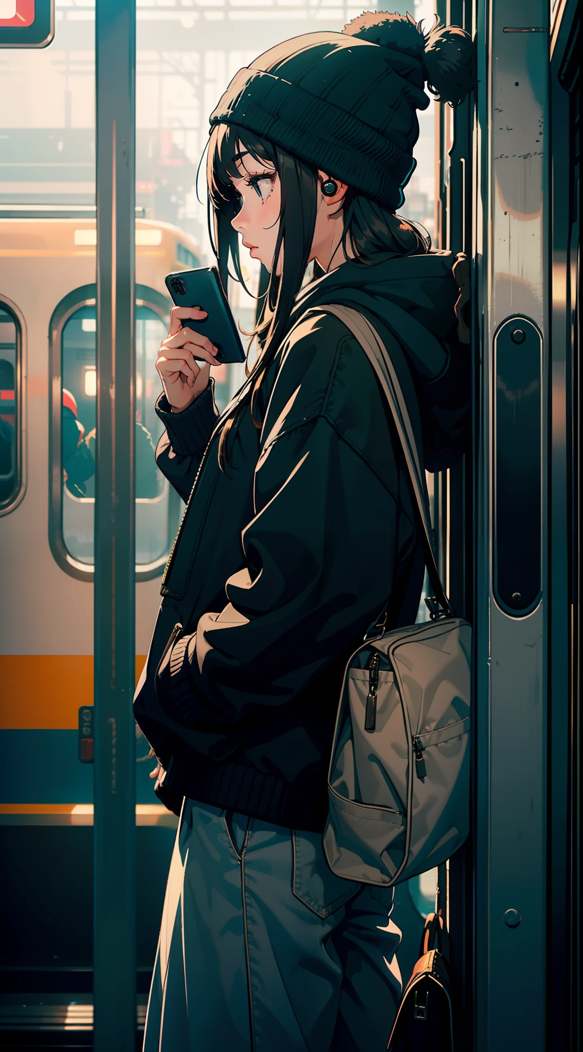 "An artistic masterpiece capturing the ambiance of a train station platform: a solitary girl wearing an oversized sweater, donning headphones, and sporting baggy pants and a beanie. The sideview angle shows her immersed in her phone, oblivious to the oncoming train. A mesmerizing long shot that highlights the surroundings." ((solo))