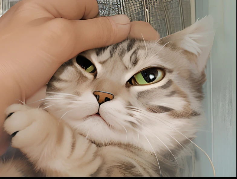 Someone held a cat to their face and touched it, with a big head,Big eyes, She has a cute face, sad cat, angry cat, Glaring at the camera, she has a cute expressive face, Looking confused, look straight at the camera, A cute cat, scottish fold, feline face, cute round slanted eyes, is looking at the camera