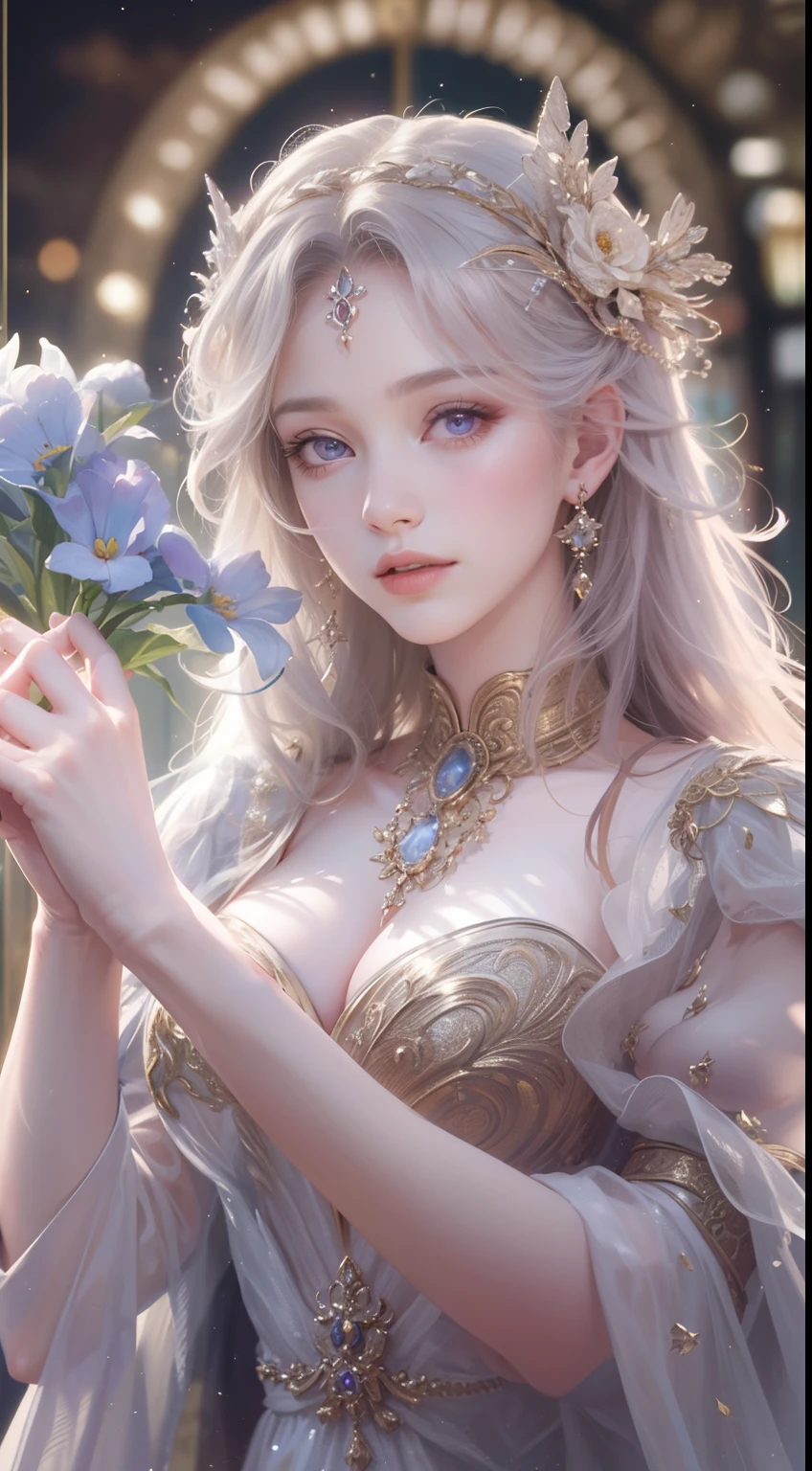 tmasterpiece, Highest high resolution，High-quality content, 8K quality photos with excellent detail, Perfect for presenting dynamic busts of noble maidens, Delicate curves, Bend hair to create gorgeous and intricate fabric textures, Plain purple eyes, Delicate floral decoration, Sparkling crystal jewelry, Highly focused and subtle details。