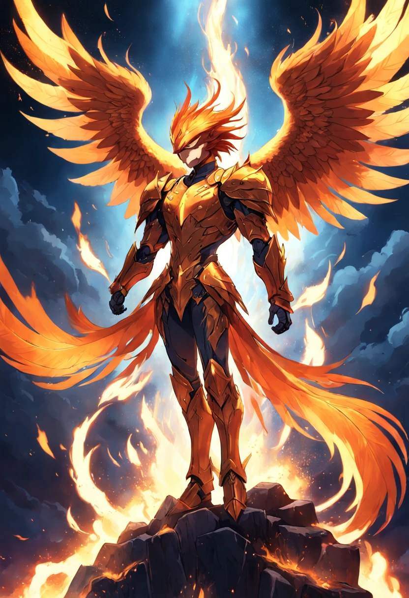 Phoenix Ki, 1 homem, Phoenix Knight , Anime Knights of the Zodiac , Anime Saint Seyia, imagem fantasia, Phoenix knight walking engulfed in flames, Phoenix bird behind the knight covering with its wings, Perfect Phoenix Armor