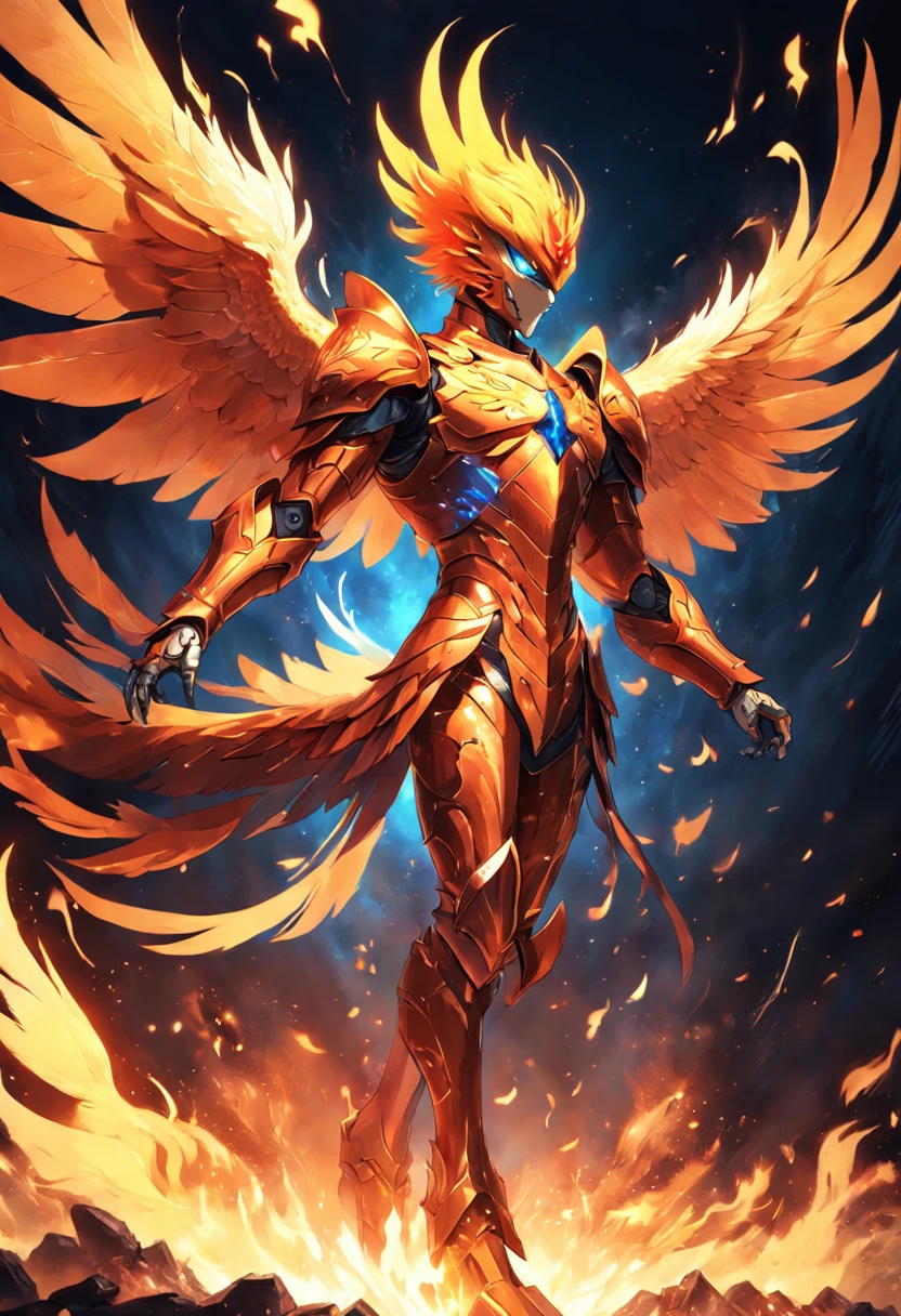 Phoenix Ki, 1 homem, Phoenix Knight , Anime Knights of the Zodiac , Anime Saint Seyia, imagem fantasia, Phoenix knight walking engulfed in flames, Phoenix bird behind the knight covering with its wings, Perfect Phoenix Armor