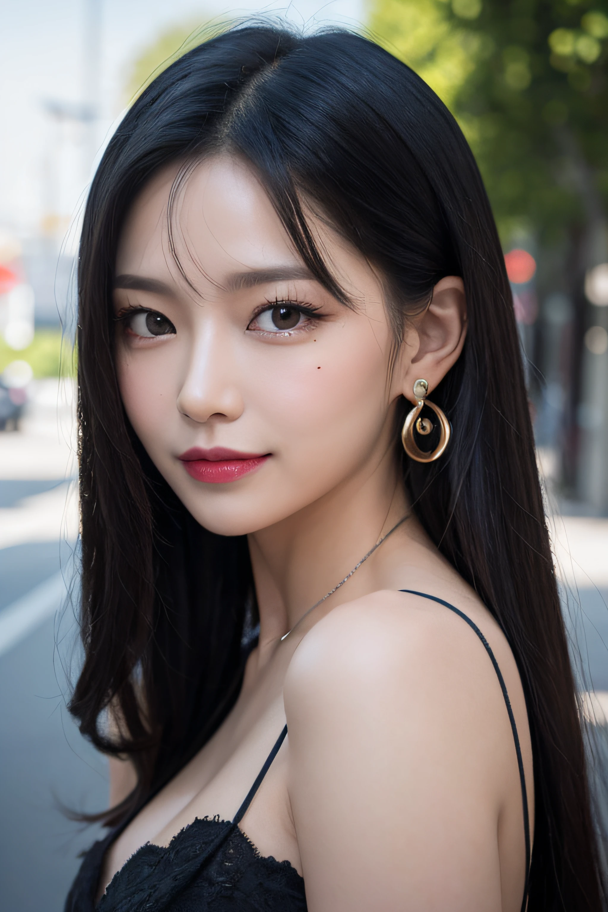 (8k, RAW Photos, Realistic:1.25) ,( Lip gloss, eyelash, Shiny surface, Glowing Skin, highest quality, Ultra-high resolution, Depth of written boundary, chromatic aberration, Caustics, Wide lighting, Natural Shading,K-Pop Idols) She gazes upon the viewer with a calm, goddess-like happiness.,