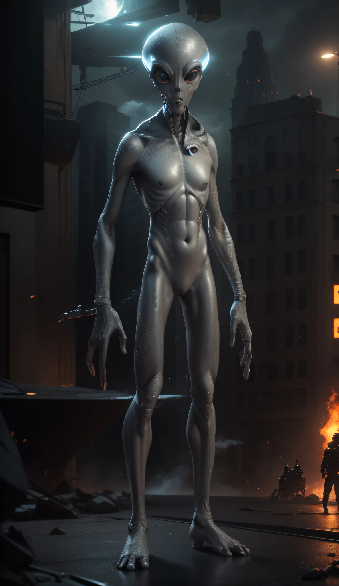 ((Best quality)), ((Masterpiece)), (Highly detailed: 1.4), (hyper-realistic), ((Detailed faces)), ((Best quality)), ((Masterpiece)), (Highly detailed: 1.3), (Realistic), (Photorealistic), (High Dynamic Range), 8K, Highly Detailed, Ultra High Resolution, (((Extremely Detailed Eyes and Face))), (Highly Realistic Skin), Keep the idea, keep the shapes, gray alien, biomechanical, thin and long body, gray skin, (realistic texture), thin arms, thin legs, big head, no mouth, no nose, big eyes, totally black, in hand, futuristic weapon, background, modern city, gray, smoke, war, a lot of fire, night light, flying saucers.