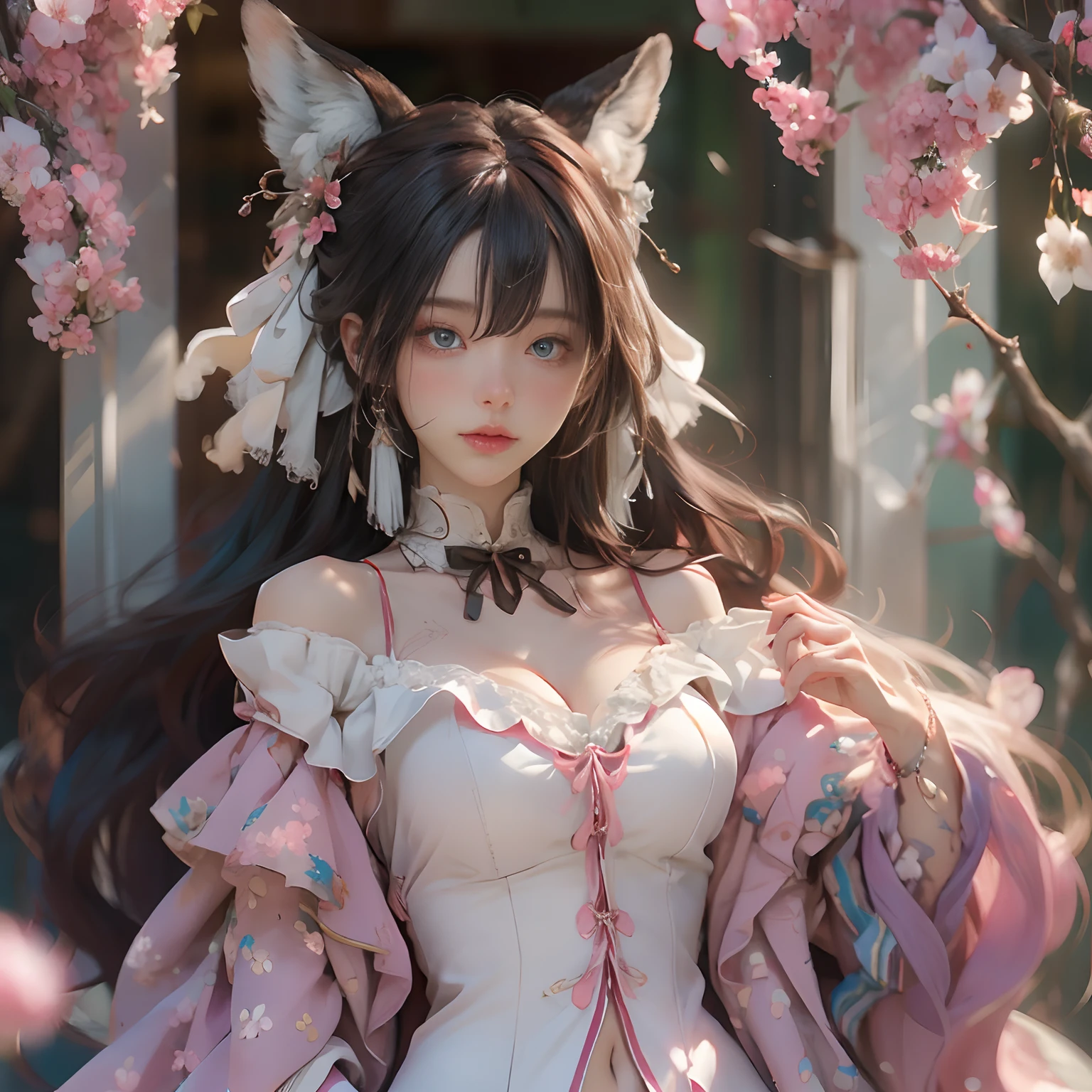 ((best qualtiy)), ((tmasterpiece)), (detail:1.4), Beautiful cyberpunk female images,hdr(HighDynamicRange),Ray traching,NVIDIA RTX,Hyper-Resolution,illusory 5,sub surface scattering,PBR textures,post-proces,Anisotropy Filtering,depth of fields,maximum definition and sharpness,Many-Layer Textures,Albedo e mapas Speculares,Surface coloring,Mitsu-Accurate simulation of material interactions,perfectly proportioned,rendering by octane,Two-colored light,largeaperture,Low ISO,White balance,Rule three points、8K raw data、Beautiful bright blue pupils,off-the-shoulder clothes,Fine pupils,Delicate face and eyes,long eyelasher,Blushlush,Delicate and fluffy hair,pink lip,Pure,Cute face,Sweet girl,Artistic sense,Casual wear,Advancedsense,butterflys,Cherry blossom petal,Beautiful hair accessories,Long hair and waist,Hair fluttering in the wind,Snow-white fox ears,curlies,Lots of white and pink,Complicated details