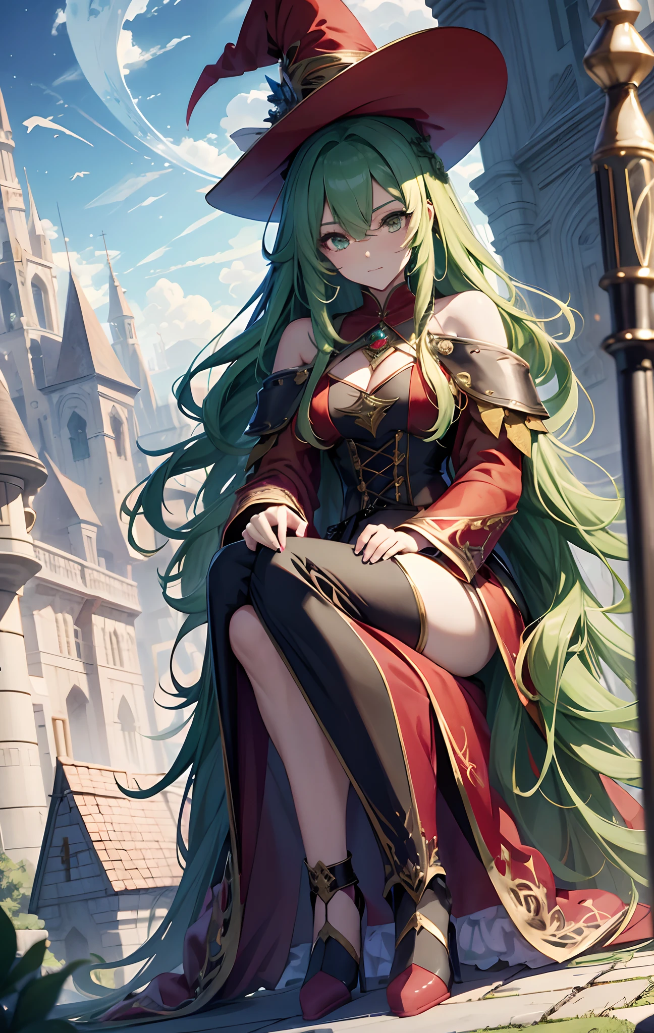 best qualityer，tmasterpiece，Ultimate resolution，downy，Extremely colorful，Colorful，Skysky，hilltop，（Red magic robe long dress），Long flowing green hair，The Witch，a matural female，（red high heel pumps），Sit on a magical broom，flight，Normal posture