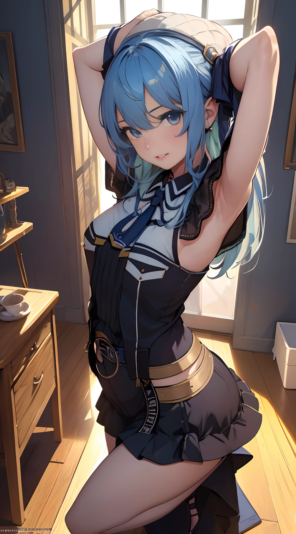 blue hair,big breasts,police officer arrested,open shirt,bra,slit,Torn skirt,garter belt, black stockings,stick out one&#39;s butt,bed,Handcuffed and restrained,A painful look,blush,open your mouth wide,Drool,sweaty,lift from above the girl