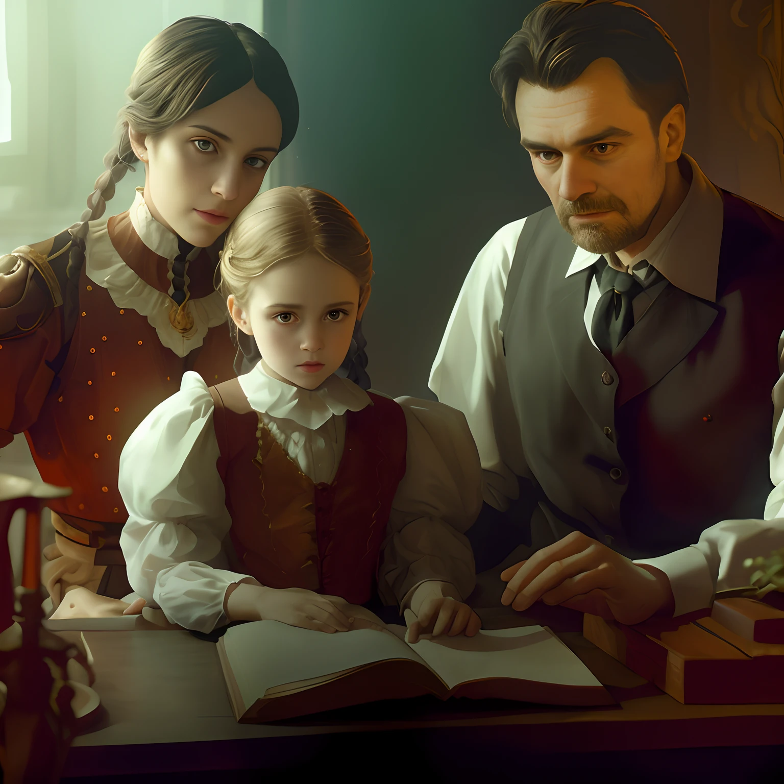 There are two people and a child sitting at a table, kramskoi 4 mil, portrait of family of three, Alexey Egorov, mourning family, fantasy genre portrait, Cinematic realistic portrait, arte chave, 8k portrait render, family portrait, stunning digital illustration, Directed by: Aleksander Gierymski, Jogo CG, renderizado em corona