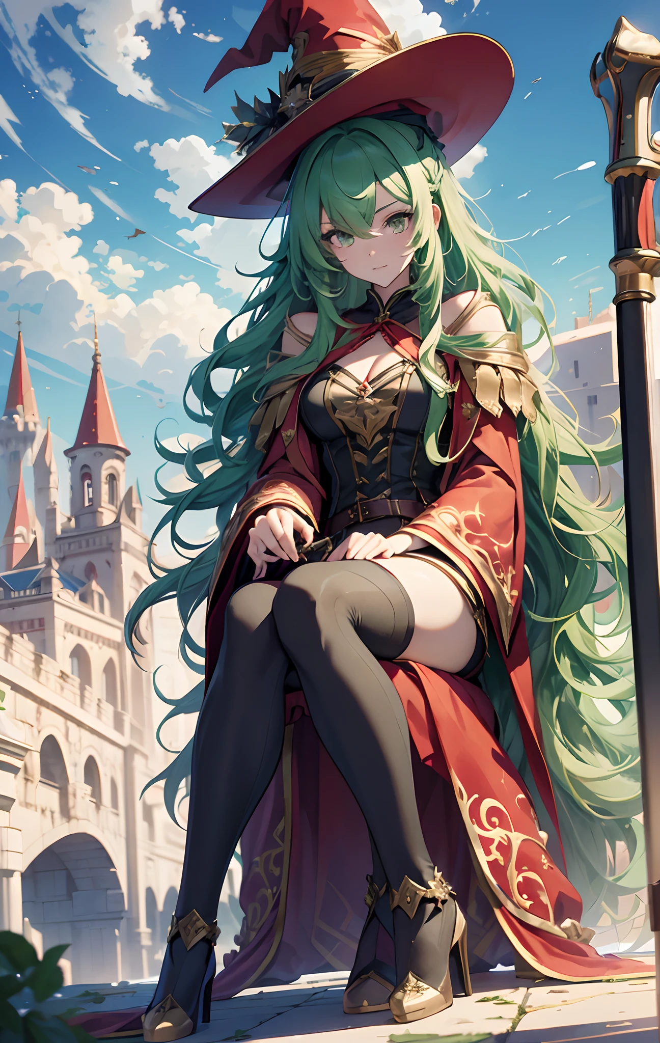 best qualityer，tmasterpiece，Ultimate resolution，downy，Extremely colorful，Colorful，Skysky，hilltop，（Red magic robe long dress），Long flowing green hair，The Witch，a matural female，（red high heel pumps），Sit on a magical broom，flight，Normal posture