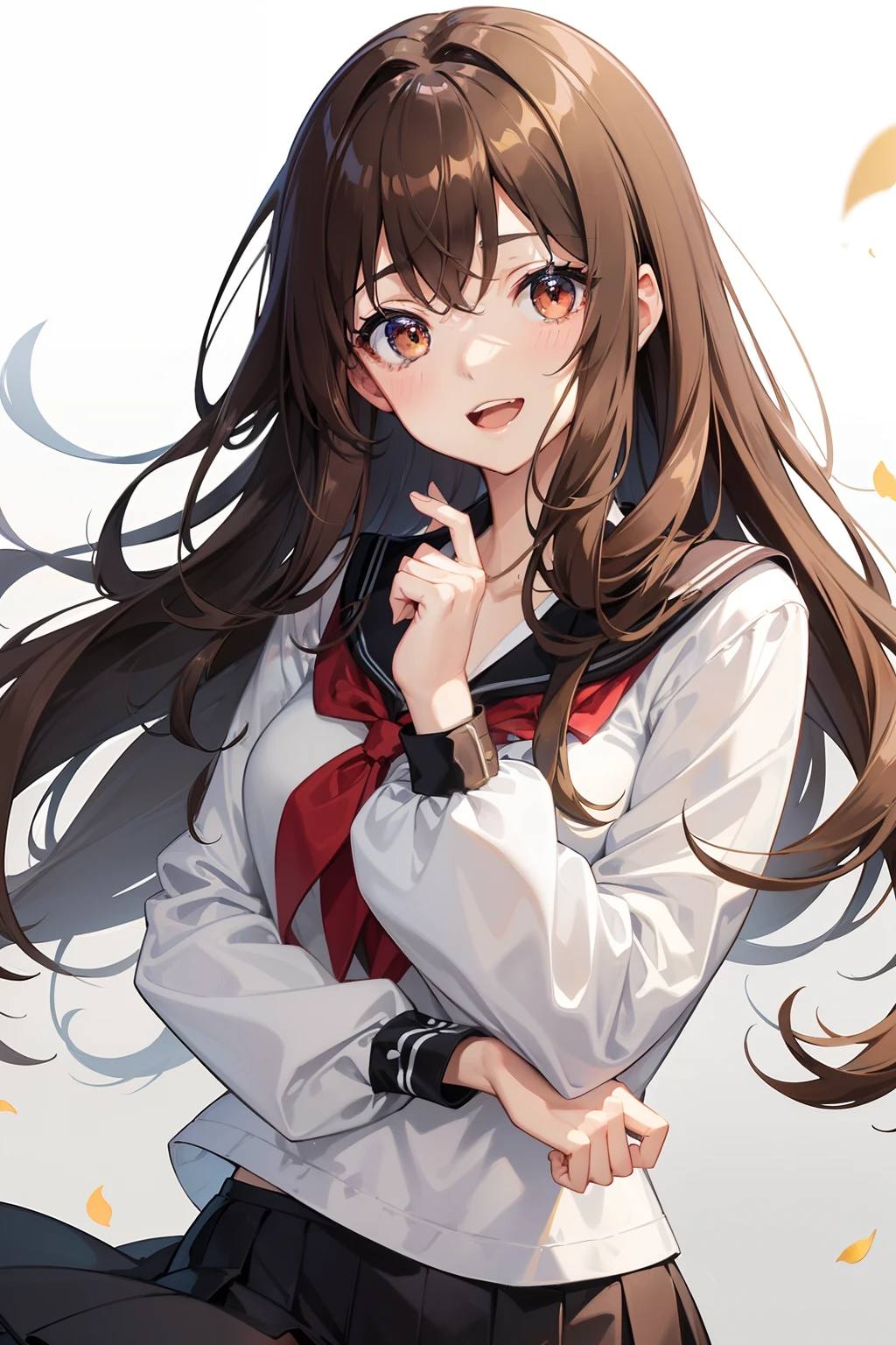 a beauty girl，Brown-eyed、Light brown hair，The long-haired、Hair curled up in the wind、big eye，A slender，Manga style，fulcolor，hi-school girl，、lightly dressed、Open eyes、Wide-eyed and smiling、Opens mouth and laughs