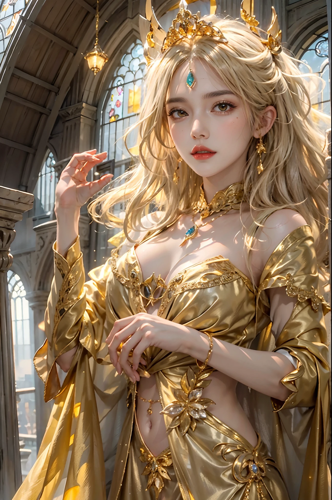 ultra detailed 8k cg,intricate detail,delicate patern,jewelry,gem,gold,golden,gold theme,shiny,glint,sparkle,blonde hair,yellow cloak,yellow eyes,rich,prestige,gothic architecture,(topless:1.1),