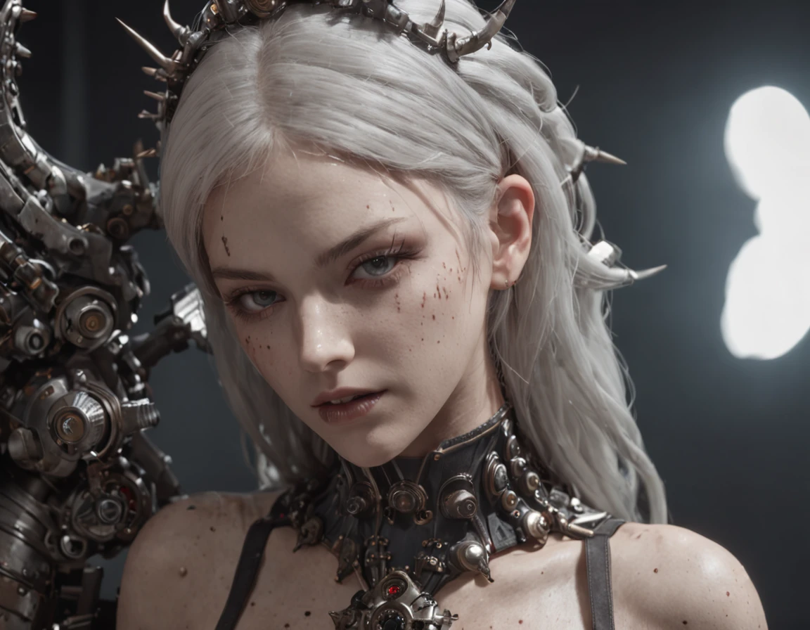 a person with spikes on their head, by Yoshihiko Wada, pixiv, gothic art, beutiful white girl cyborg, carnage, about to consume you, ultra detailed color art, real physical proportions, monstrous, detailed body, gorgeous, anime style, realistic, realistic photo, model, menacing, masterpiece, high quality, highres, cinematic composition, accurate ray tracing