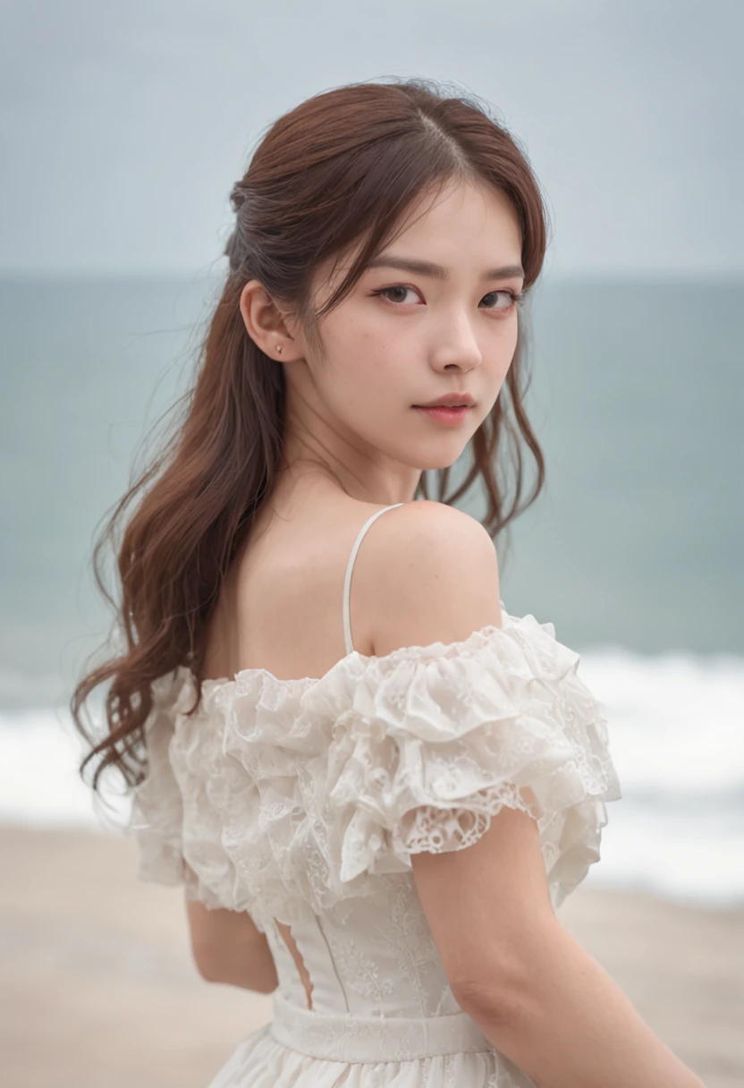 Sweet girl by the sea，voluminous hair，Delicate face，Photorealsitic，of a real，largeaperture，wears a white dress，Cropped dress，Off-the-shoulder，Dress around the neck，Slim，sexy for，超高分辨率