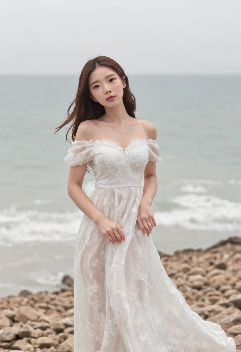 Sweet girl by the sea,voluminous hair,Delicate face,Photorealsitic,of a real,largeaperture,wears a white dress,Cropped dress,Off-the-shoulder,Dress around the neck,Slim,sexy for,超高分辨率