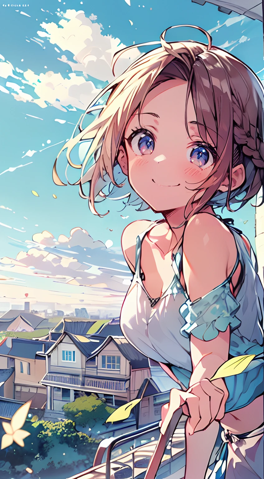 masutepiece, Best Quality,Illustration, Wallpaper, Ultra Detail, Absurdly beautiful, 1girl in、 (Medium short hair、short braided hair), Beautiful ultra-detailed eyes , ample breasts、Hair fluttering in the wind、lightly dressed、A mischievous smile、Smaller head、Summer scene、(a panoramic view:1.5)