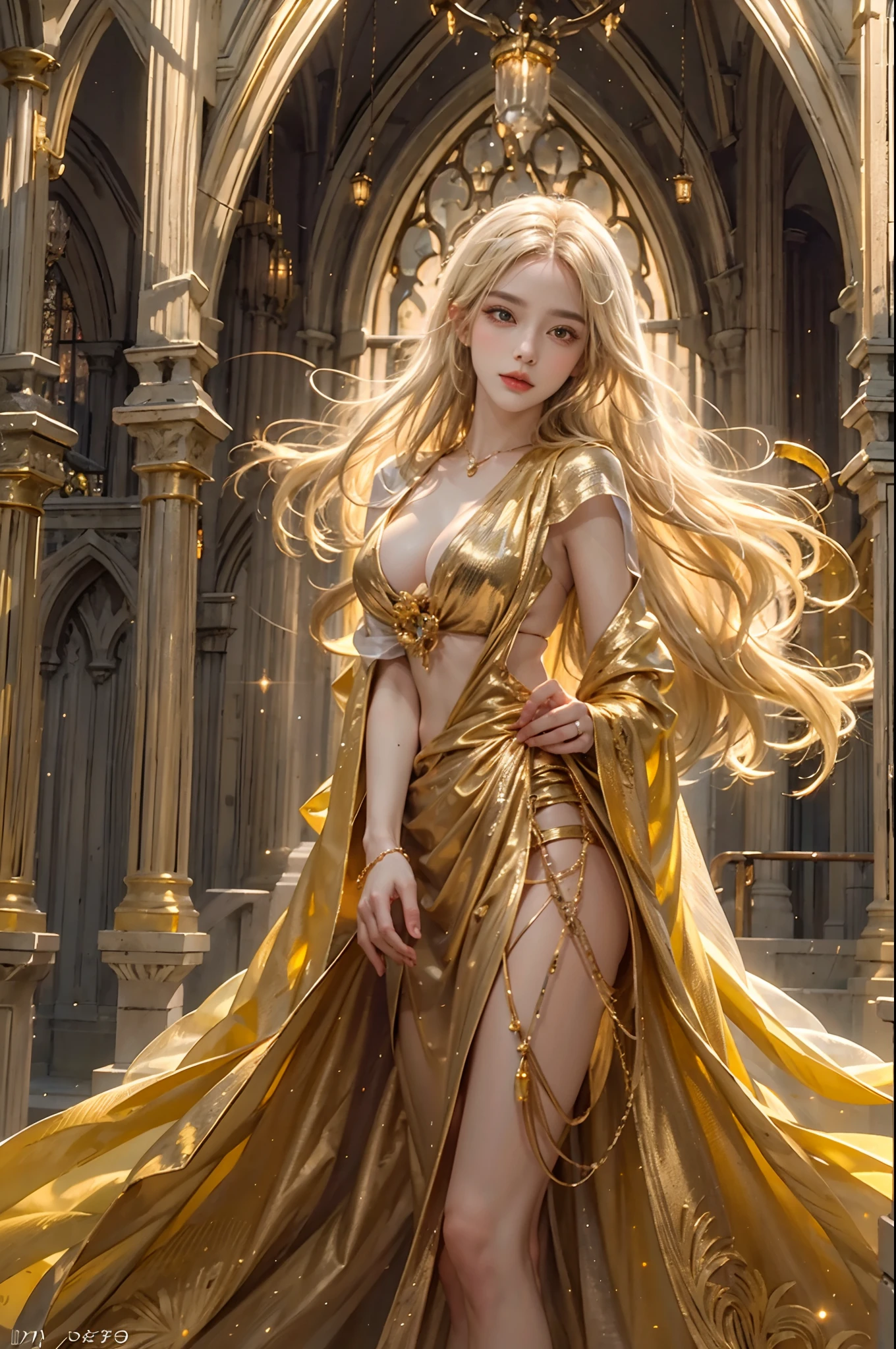 ultra detailed 8k cg,intricate detail,delicate patern,jewelry,gem,gold,golden,gold theme,shiny,glint,sparkle,blonde hair,yellow cloak,yellow eyes,rich,prestige,gothic architecture,(topless:1.1),