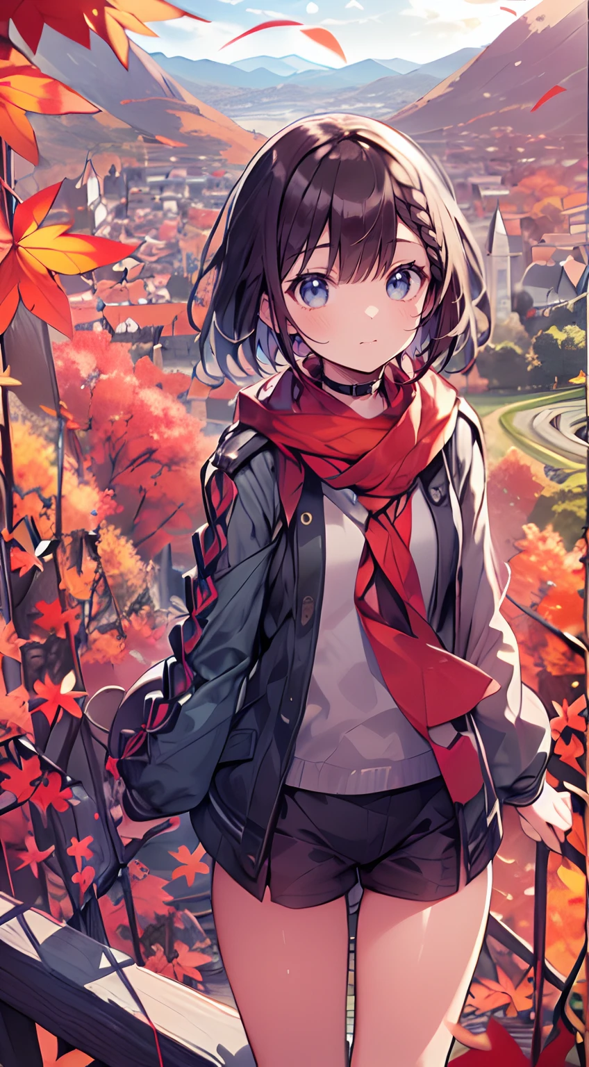 masutepiece, Best Quality,Illustration, Wallpaper, Ultra Detail, Absurd beauty, 1beautiful girl、(Medium short hair、short braided hair), Beautiful ultra-detailed eyes , Hair fluttering in the wind、nffsw、♡、Smaller head、Autumn landscape、(a panoramic view:1.5)