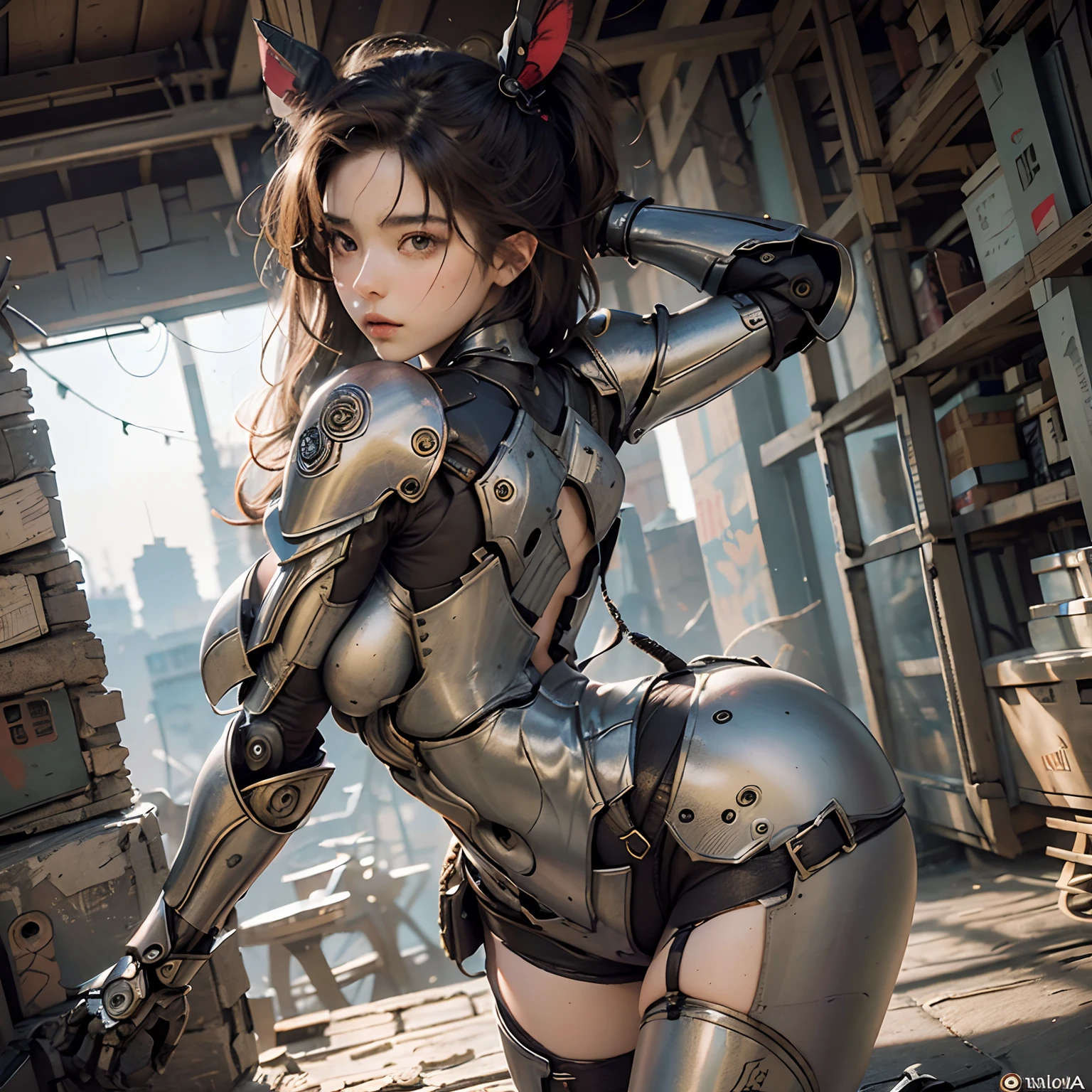 (Obra maestra), (La mejor calidad), Fotorrealismo, realista, Ultra detallado, Cara perfecta, cuerpo perfecto, 1girll, beautiful girl, Chica con armadura roja, Mechanical Armor, exoesqueleto, estar de pie, pose genial, sexy, peeping from behind