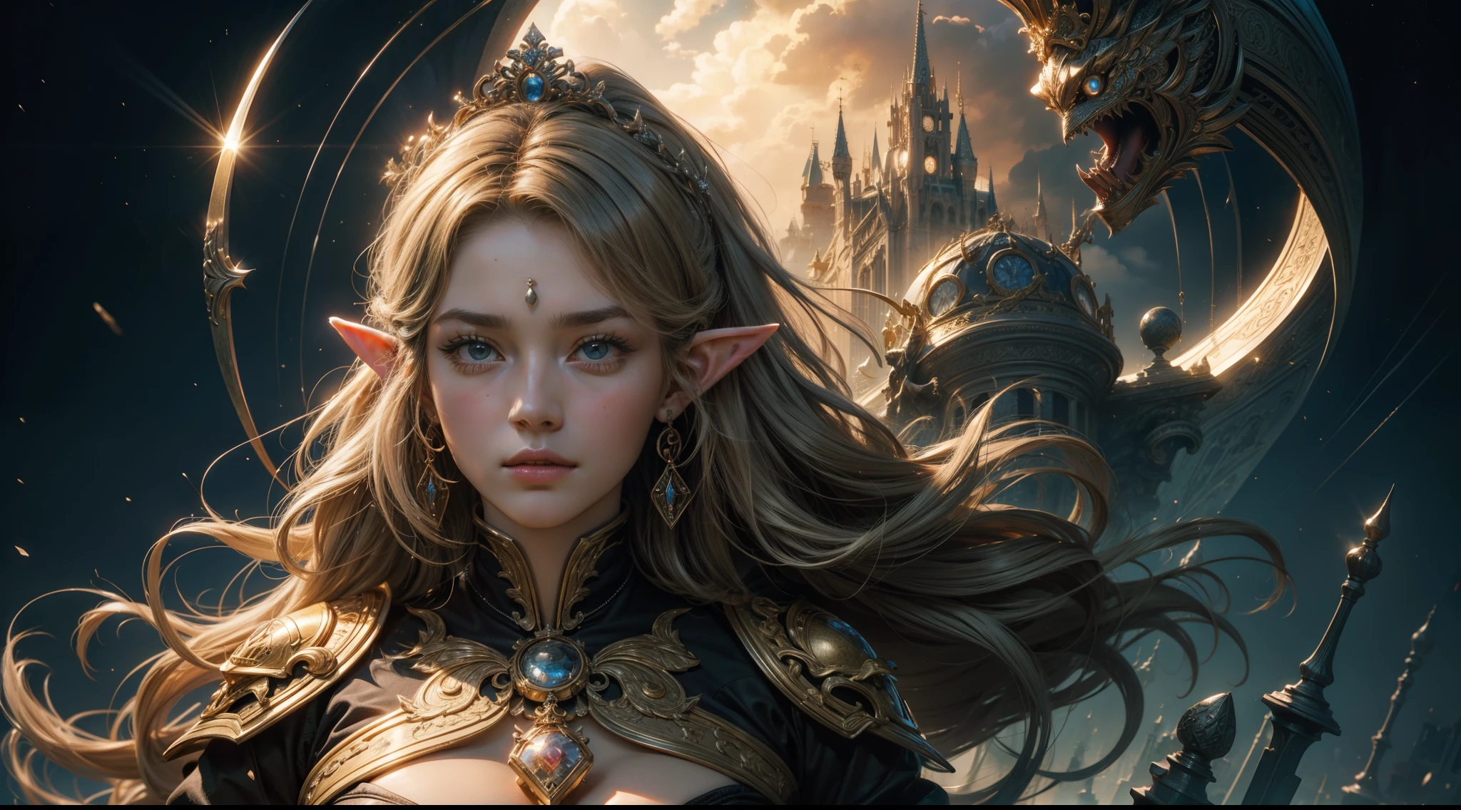 tmasterpiece,top-quality,best qualityer,offcial art,Beauty and aesthetics:1.2),(tmasterpiece:1.3), (8K, realisticlying, RAW photos, best qualtiy: 1.4), beauitful face, (photorealiscic face),超高分辨率, Ultra photo realsisim, highly detailed, the golden ratio, (Award-winning digital artwork:1.3) af (sketching:1.3),(with dynamism:1.3),(Saturation:1.3),(Close portrait:1.3),illusory engine, (High detail: 1.9),(femele:1.4),(big breasts beautiful: 1.4),(carismatic:1.3),Female elf,Large breasts,upperbody shots,dramatics,magia,robe,The background is the castle,sceptre,mystic symbols