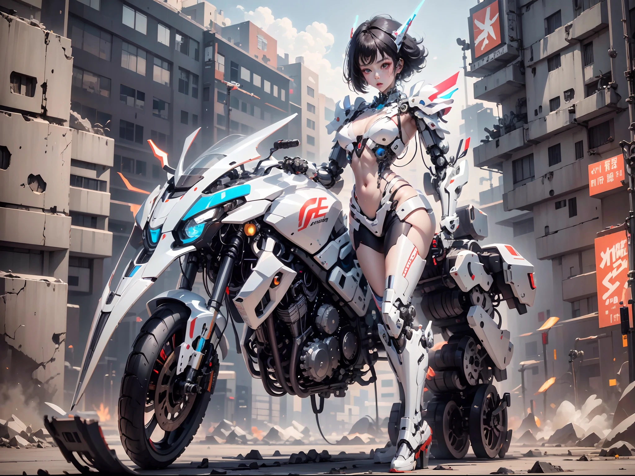 (highly detailed:1.5), (8k), futuristic mecha girl on the cover of a neon-lit science fiction magazine, style (cyberpunk:1.3), wearing an elegant battle suit with bright details, posing sensually, (bold typography:1.2), dynamic composition, vibrant colors, (Akira style:1.1), (inspired by Hajime Sorayama:1.2), full body, details in red, yellow, blue, white, combat position, detailed bikini, futuristic detailed kaneda bike,