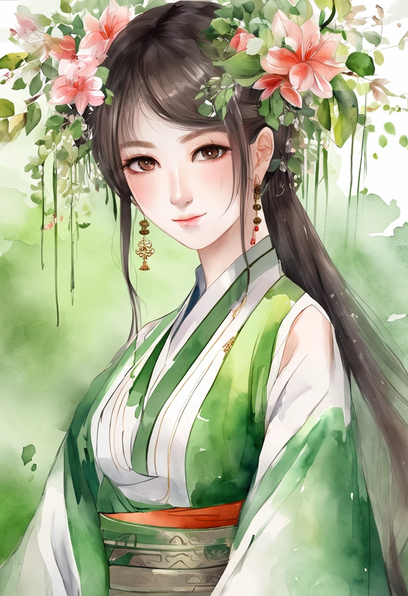 Green background,solid color backdrop,Full body frontal photo,1girll,standing on your feet,full bodyesbian, Solo,frontage,facing to audience,Place your hands naturally on the sides of your thighs, Slim body,perfectly proportions,Exquisite facial features,ssmile,Hanfu,Background bokeh,lightand shade contrast