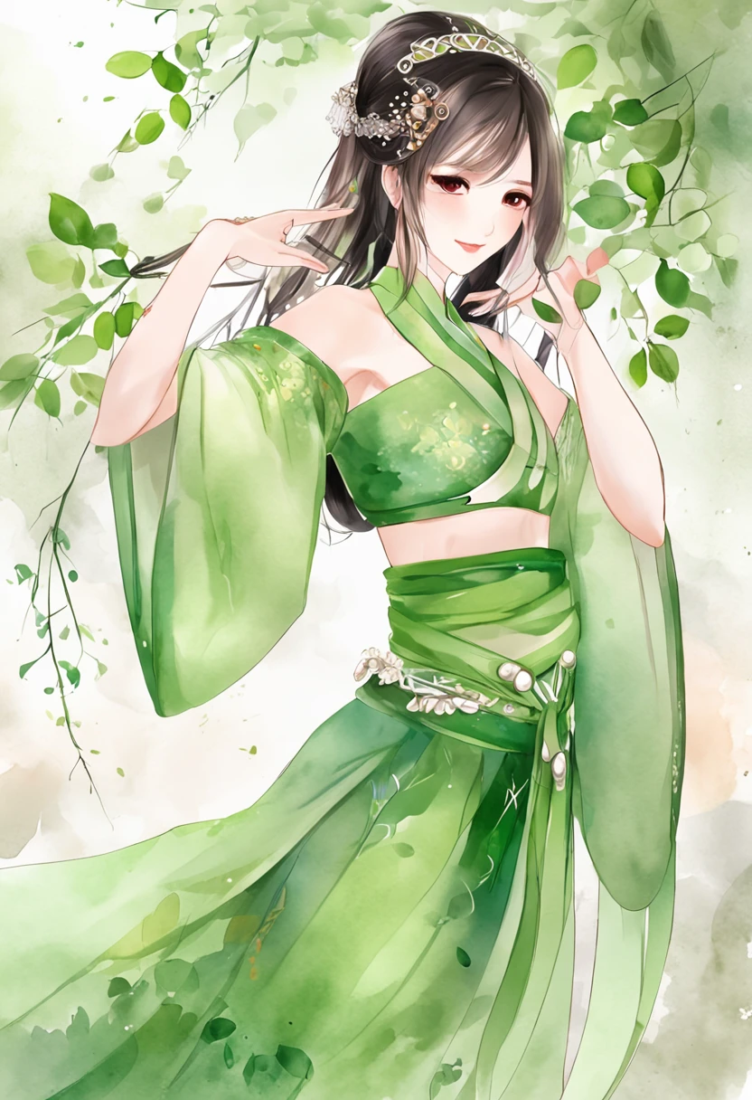 Green background,solid color backdrop,Full body frontal photo,1girll,standing on your feet,full bodyesbian, Solo,frontage,facing to audience,Place your hands naturally on the sides of your thighs, Slim body,perfectly proportions,Exquisite facial features,ssmile,Hanfu,Background bokeh,lightand shade contrast
