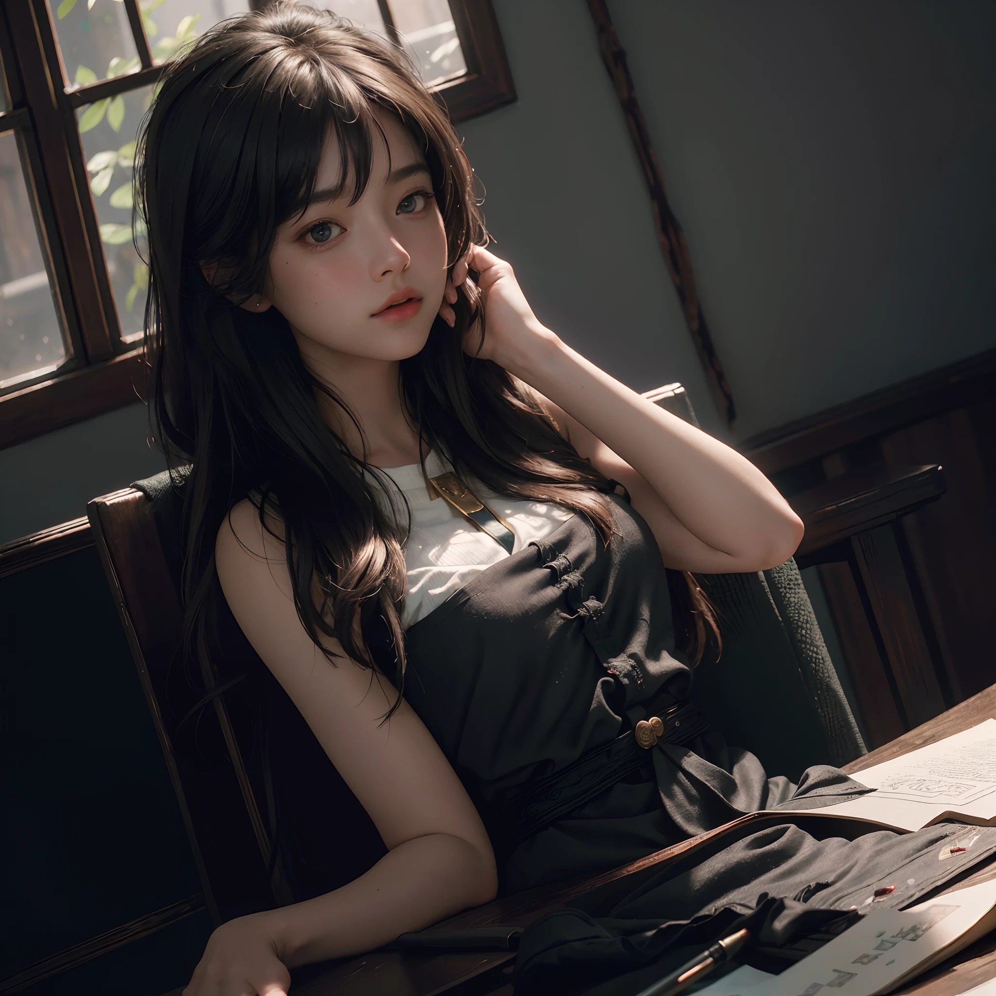 (RAW photo, best quality), (realistic, photo-realistic:1.3),best quality,highly detailed,masterpiece,ultra-detailed,illustration,1girl,upper_body,dynamic angle,world masterpiece theater,messy_long_hair,best quality,extremely detailed CG unity 8k wallpaper,ink,Amazing,cinematic lighting,lens_flare, dunhuang_style