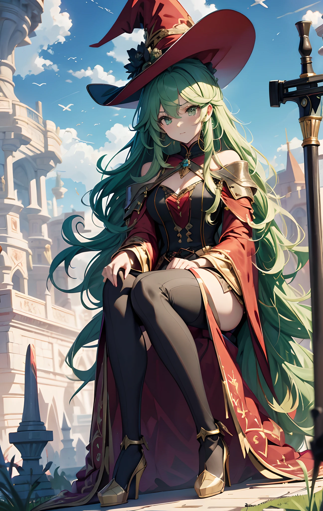 best qualityer,tmasterpiece,Ultimate resolution,downy,Extremely colorful,Colorful,Skysky,hilltop,(Red magic robe long dress),Long flowing green hair,The Witch,a matural female,(red high heel pumps),Sit on a magical broom,flight,Normal posture