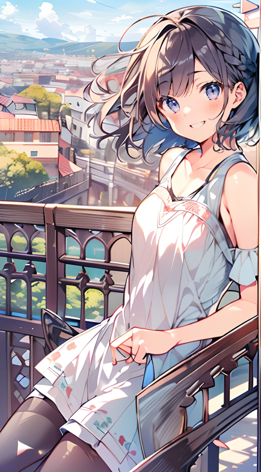 masutepiece, Best Quality,Illustration, Wallpaper, Ultra Detail, Absurdly beautiful, 1girl in、 (Medium short hair、short braided hair), Beautiful ultra-detailed eyes , ample breasts、Hair fluttering in the wind、lightly dressed、Mischievous smile、Smaller head、Summer scene、(a panoramic view:1.5)
