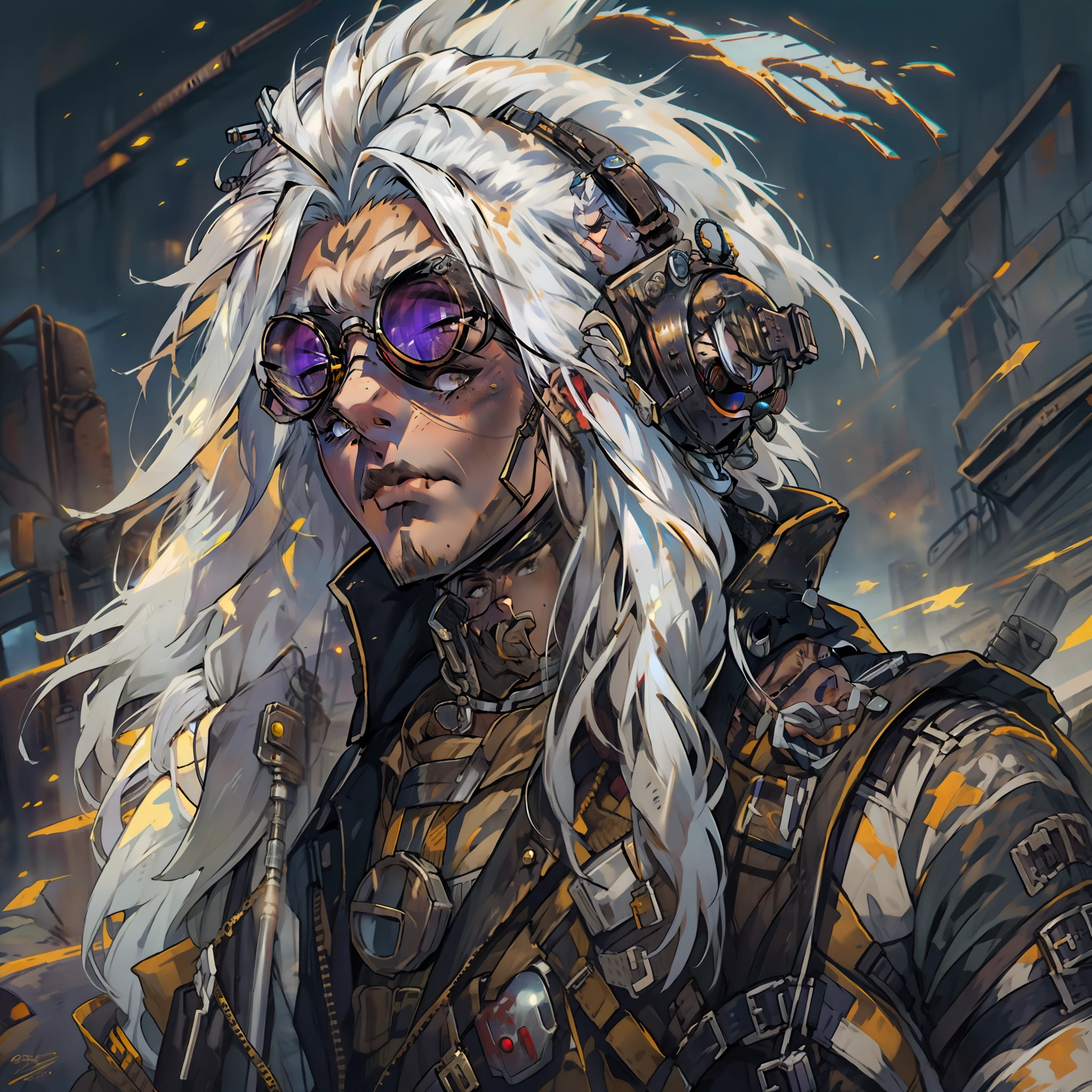 male with long white hair, wearing steampunk goggles, villain, wearing casual desert punk clothing, has lower lip stud piercings, muscular, abs visible, wearing metal collar, has wolf ears