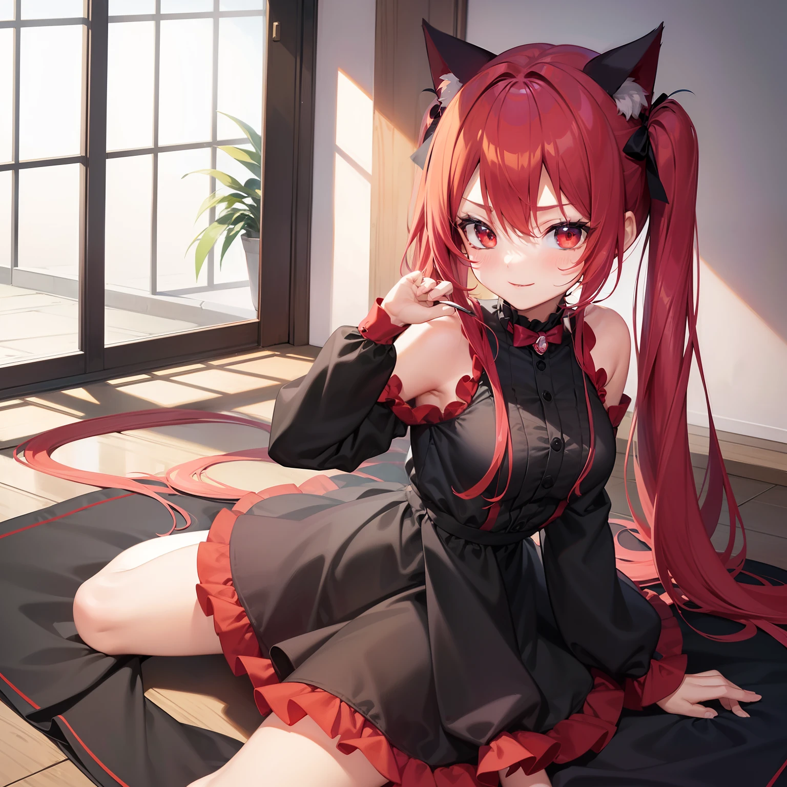 Anime filling,Two-dimensional illustration,Red hair,Half Twin Tail,shorth hair,Big eyes,A smile,a beauty girl,cute little,Super Cute,Black cat ears,Red Eyes,Ruffled Clothes,Black lace clothes,Inner colorGreen,One girl,Full body painting,A masterpiece of 2D art,(masterpiece,Top image quality:1.3),(detaile:1.2),(1人)