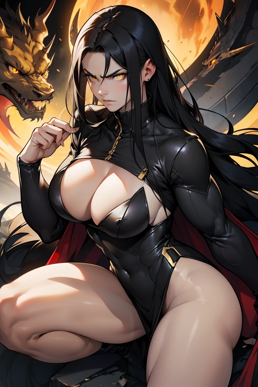 black hair, extremely long hair, yellow eyes, pale skin, muscular, large breasts, thick thighs, angry, golden dragon, 1 girl