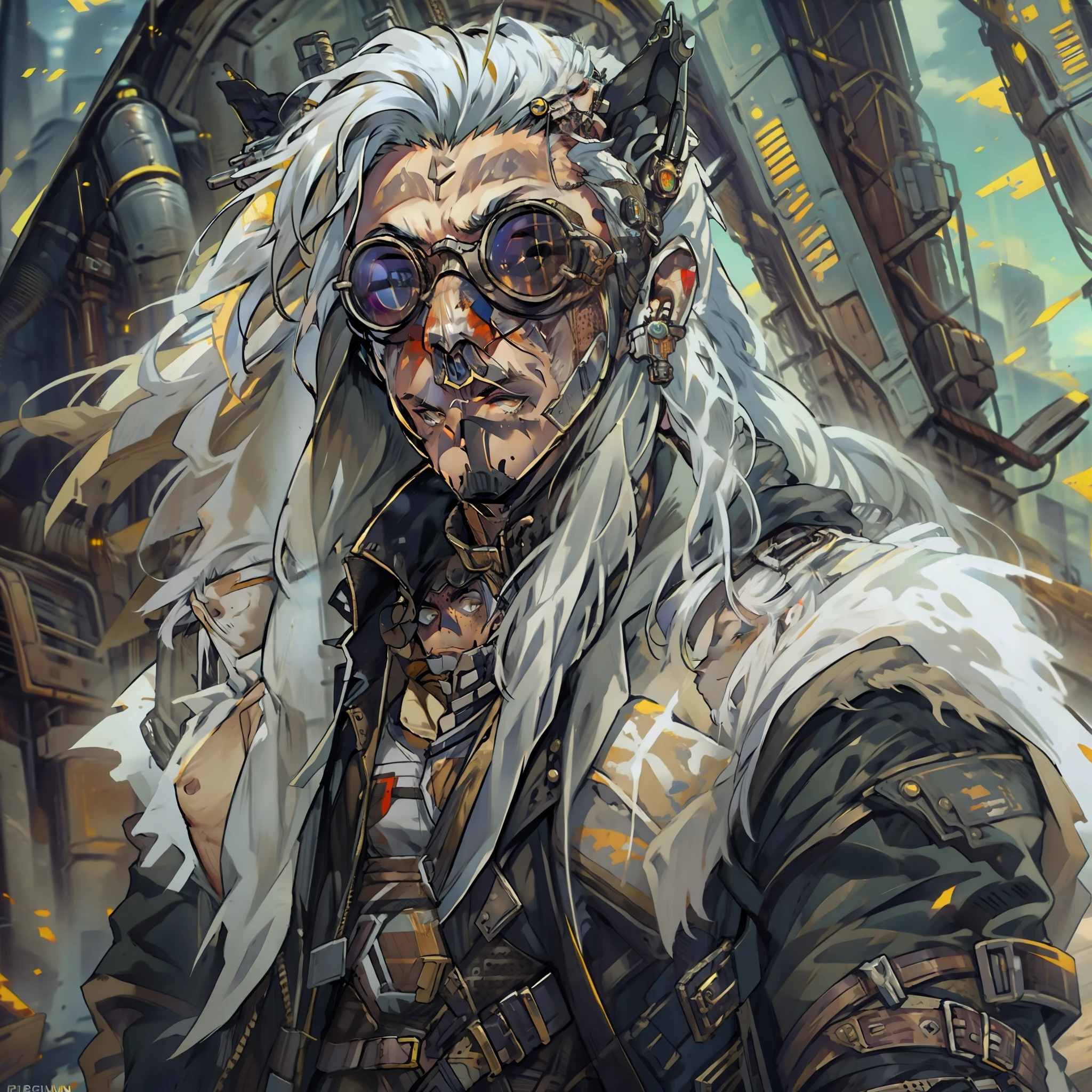 male with long white hair, wearing steampunk goggles, villain, wearing casual desert punk clothing, has lower lip stud piercings, muscular, abs visible, wearing metal collar, has wolf ears