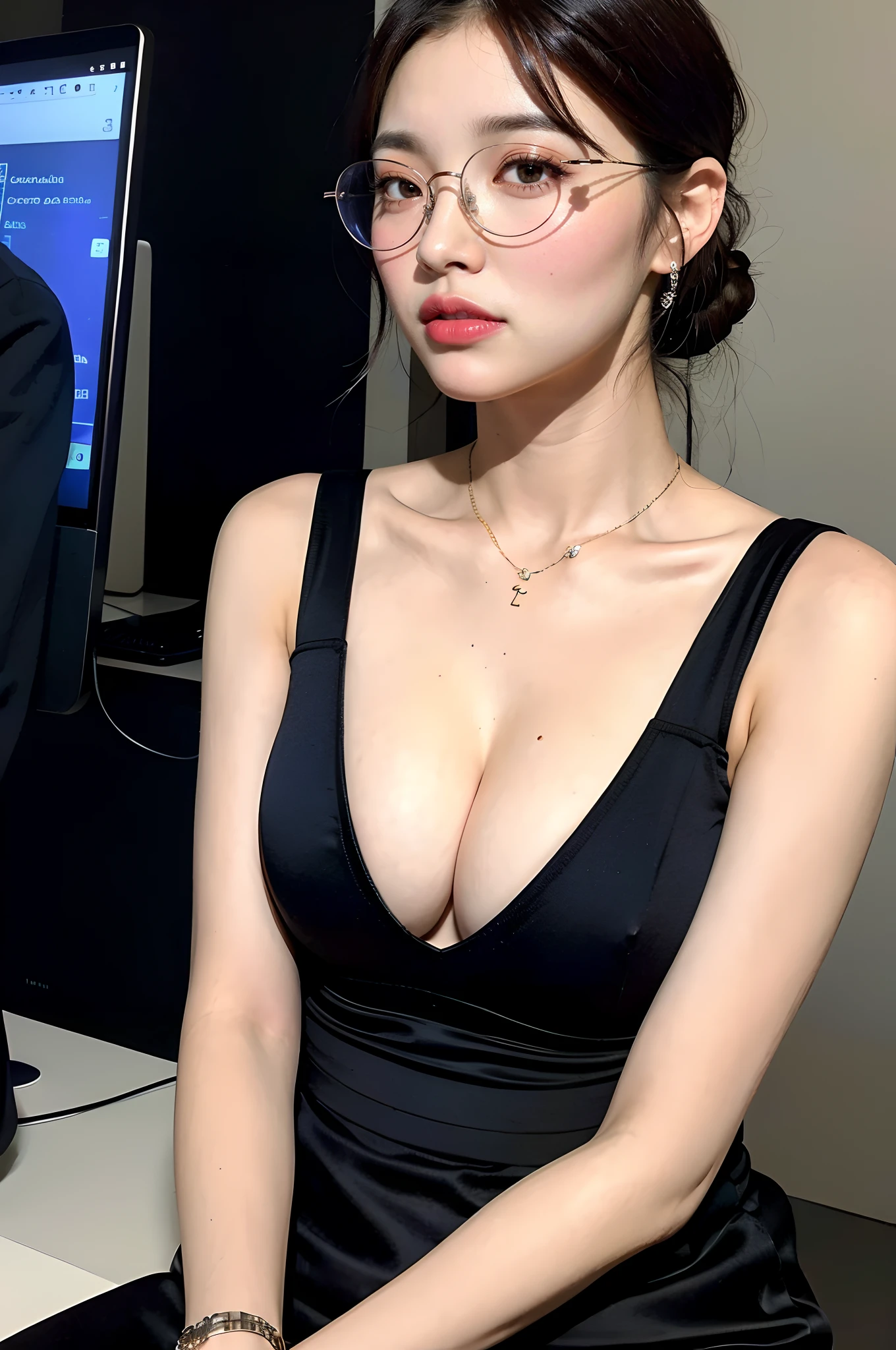 8K、top-quality、​masterpiece、超A high resolution、a picture、Very realistic、beautiful japanese female、Elegance、There is a good、Rustic beauty、Moist beauty、Intelligent features、The eyes are far away、Transparent atmosphere、Beautiful face、Keep hair up and down、Raised corners of the mouth、Both eyes are separated、Tanuki face、Gradient lighting、1girl in、Delicate skin、eye glasses、Fashionable glasses、Holding the smart fan in your hand、Look into the distance、Brown-eyed、breasts are large、are overflowing、 are slightly visible、Colossal tits、You can clearly see the shape of the chest、(top-quality:1.0)、(超A high resolution:1.0)、8K、Raw photography、(pureerosface_v1:0.5)、Dresses with colorful color scheme、multi colored、Cardigan、barechested、areola is visible、The areol、total darkness、subject、Lean、Look here、deep in the night、Ass big、bbw、Whip body、Boob shape、looks to the side、Makoto、stick out buttocks、Spilled、Angle from the side、Bangs shed to the side、organize your hairstyle well、eyes to eyes、luxury office、Office at night、Large office、turning off lights、Monitor Light、a computer、nighttime scene、nighttime scene、SLR、Expose behavior、Outdoor exposure、excited、Kamimei、a necklace、Watches、A bracelet、Hold a file in your hand、