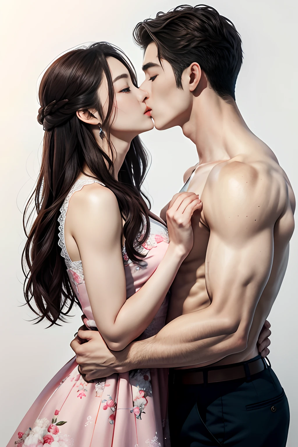 tmasterpiece,hyper qualit, ultra - detailed,Perfect drawing,A high resolution、２人物 ，Men are muscular，Men with short hair，Woman with long hair，Big breasts woman，Lovers、Look at each other from the front、((Kiss))、(((French kiss)))、hugging eachother，As if pressed on each other's chests、Staring at each other、Moist eyes、half-open lips、Beautiful、Red blush(0.2)、Functional、seductiv、Trance、instigate、Beauty、bustup、Shunguang、、Shoot diagonally from directly below、precise drawing、Detailed drawing、Precise anatomy、dress room、beatiful background、